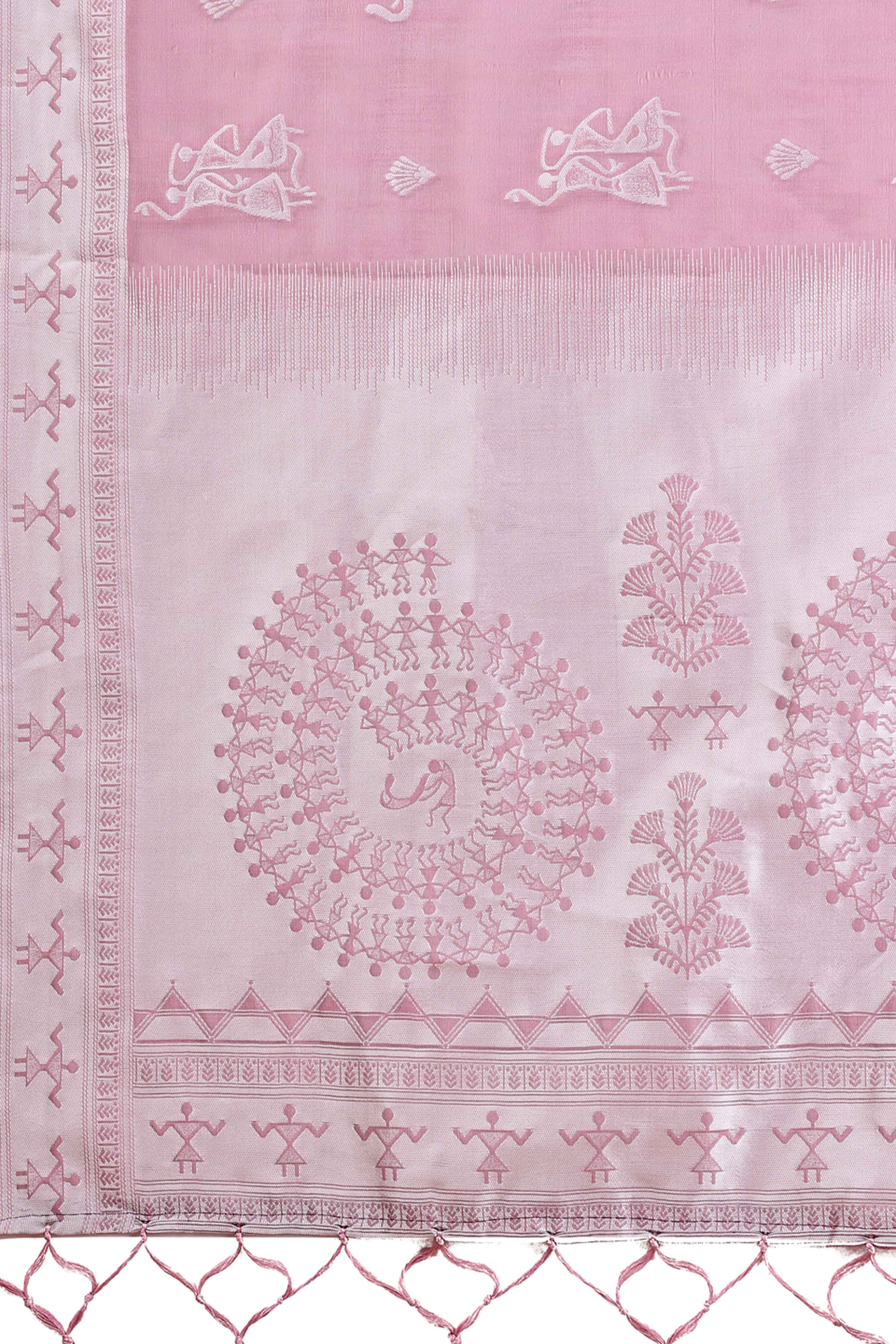 Mauve Ethnic Saree in Soft Linen Cotton Fabric Featuring Warli Art Weaving