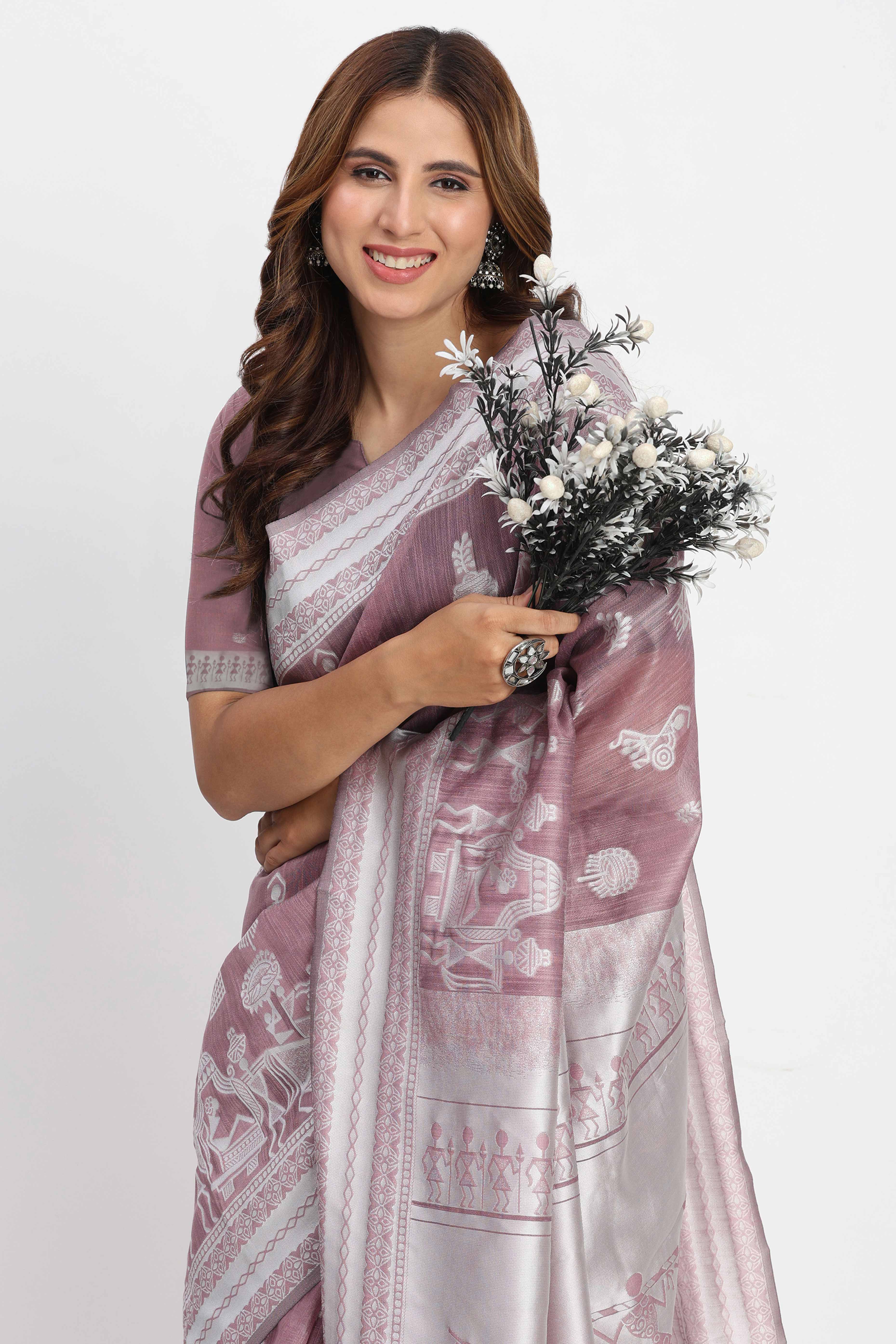 Mauve Linen Cotton Saree Showcasing Traditional Warli Motifs In Zari Weaving With Tassel Pallu