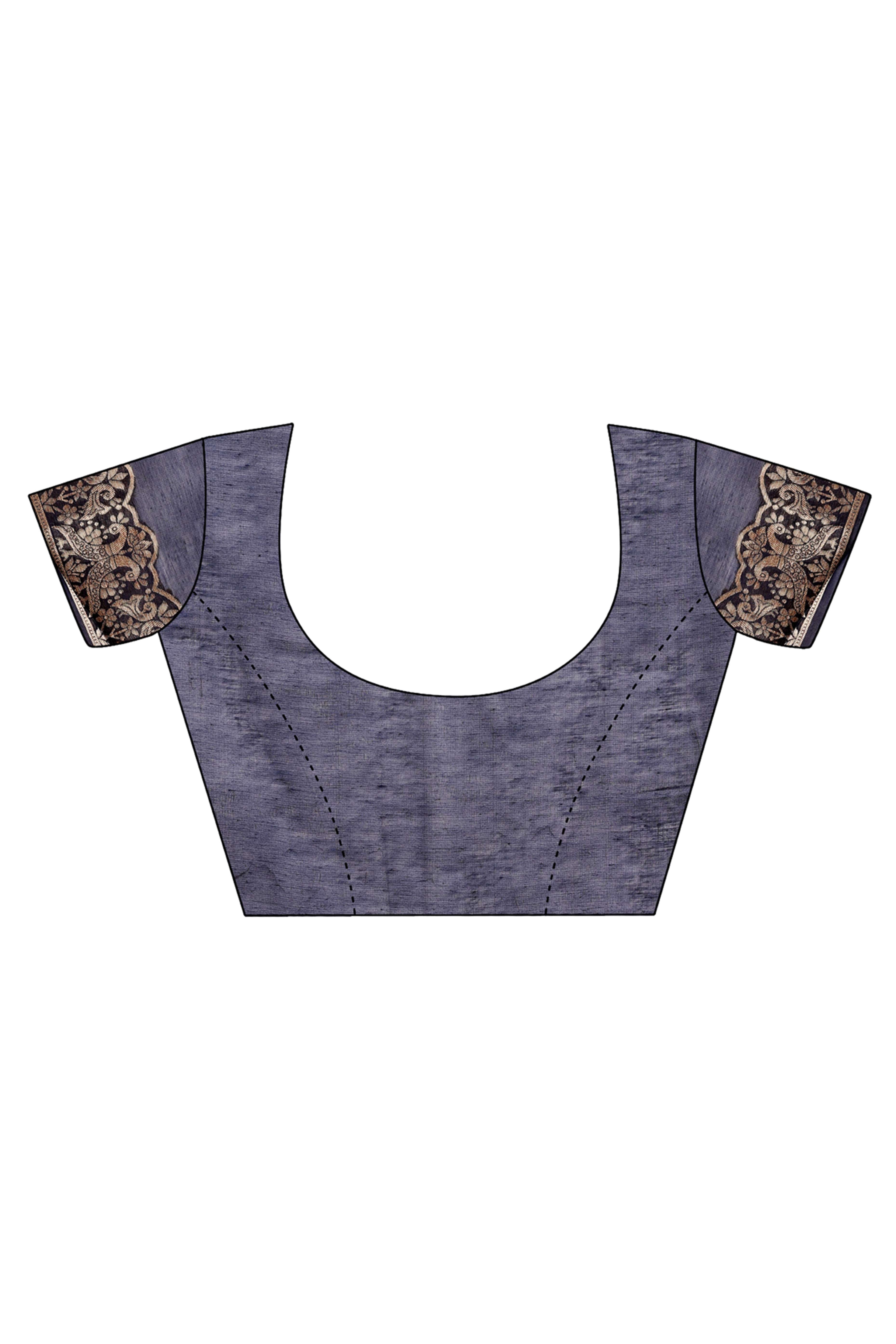 Navy Blue Floral Zari Weaving Embellished Linen Cotton Saree With Tassel Accents