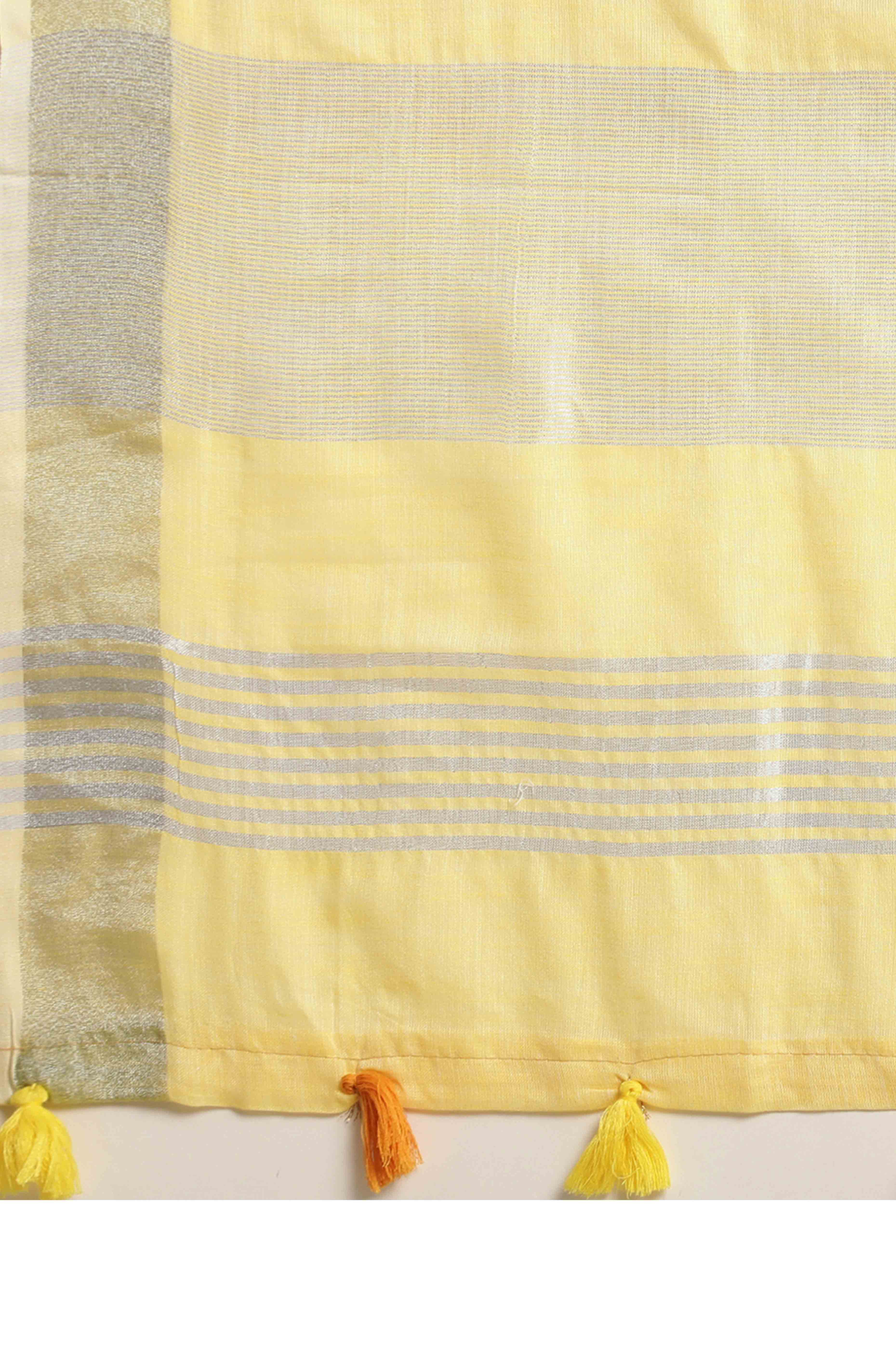 Yellow Linen Saree Adorned With Silver Zari Weaving Border & Pallu