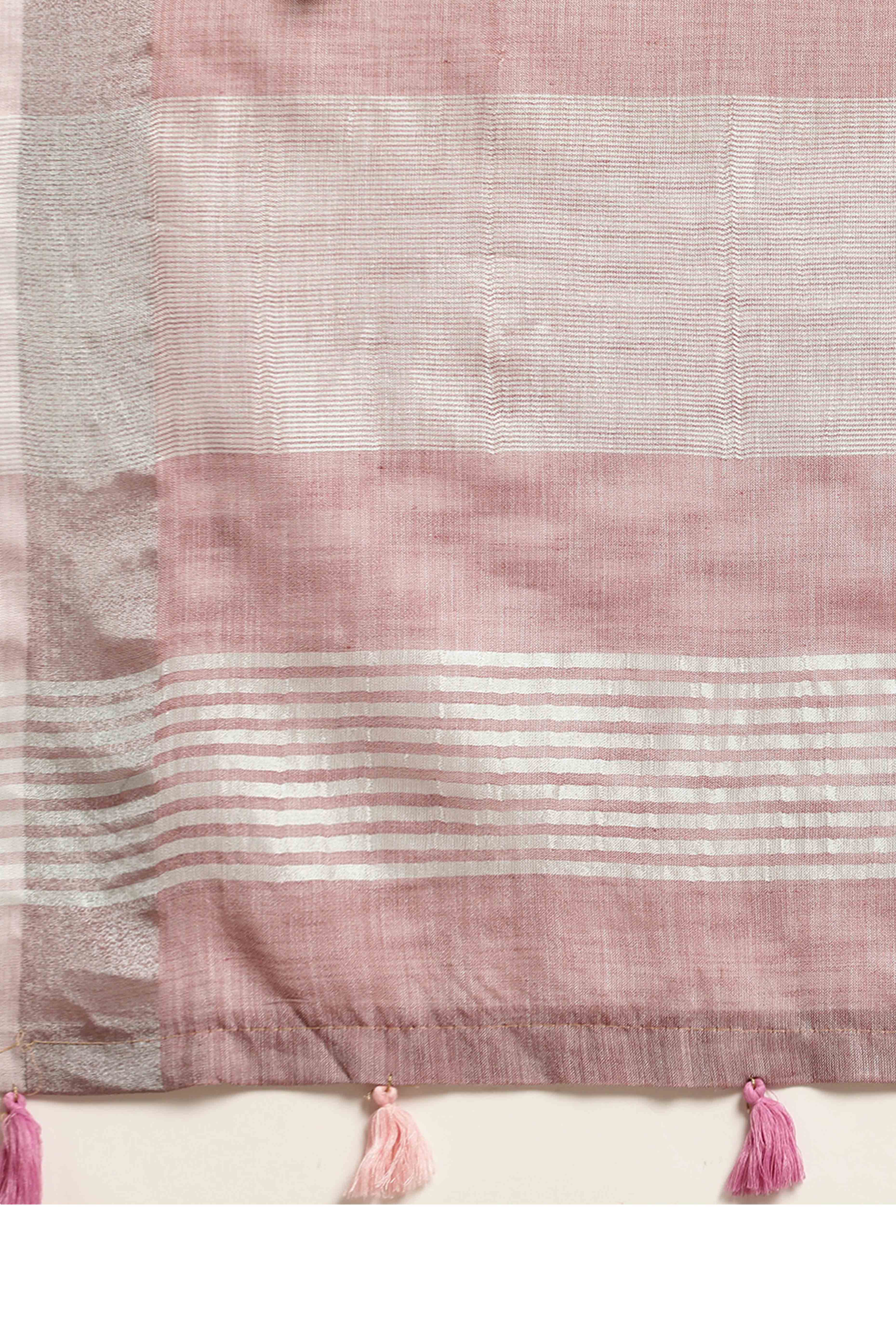 Dusty Mauve Linen Saree Adorned With Silver Zari Weaving Border & Pallu