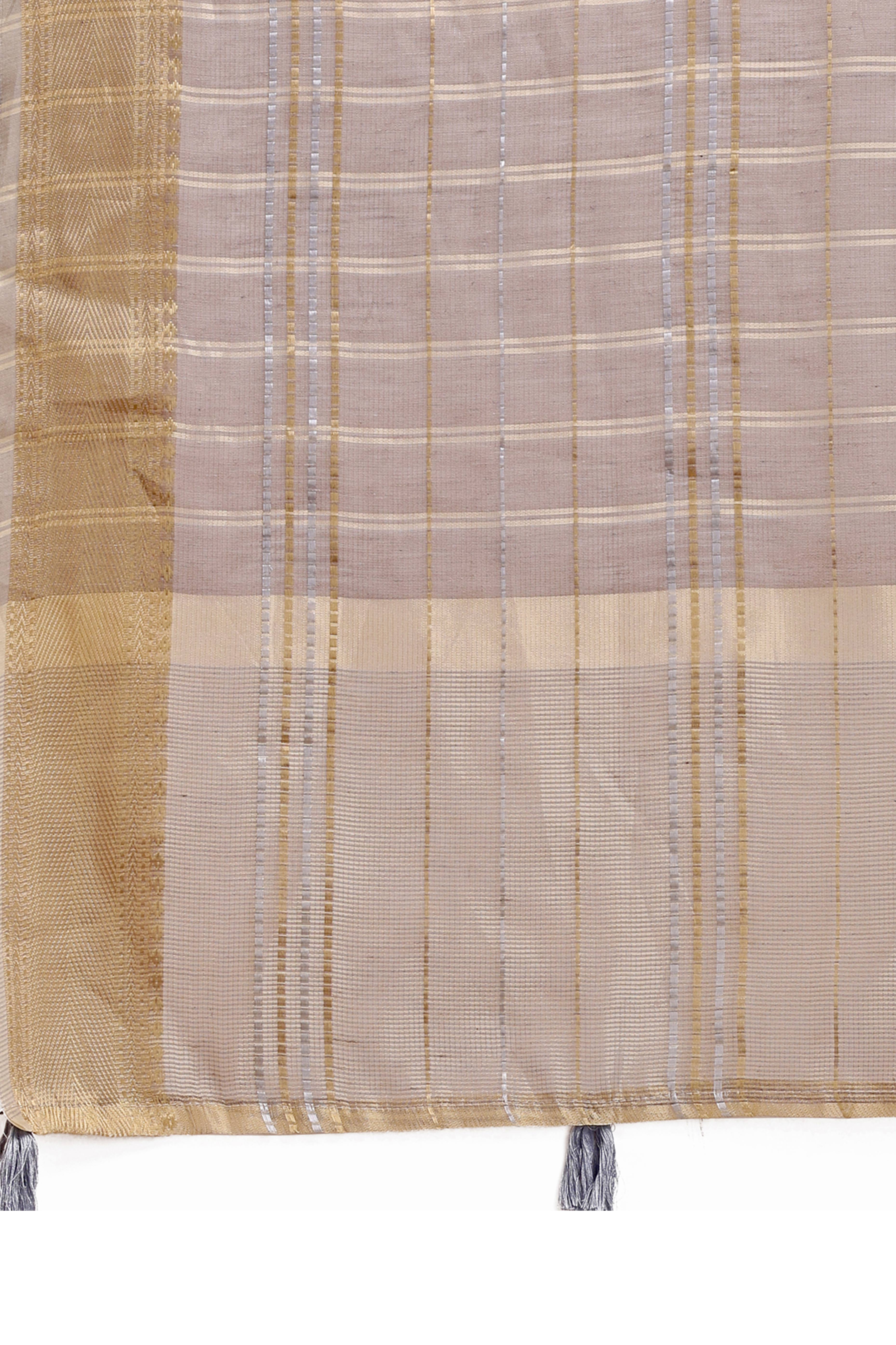 Taupe Grey Organza Saree with Checkered Zari Weaving and Tassel Finish