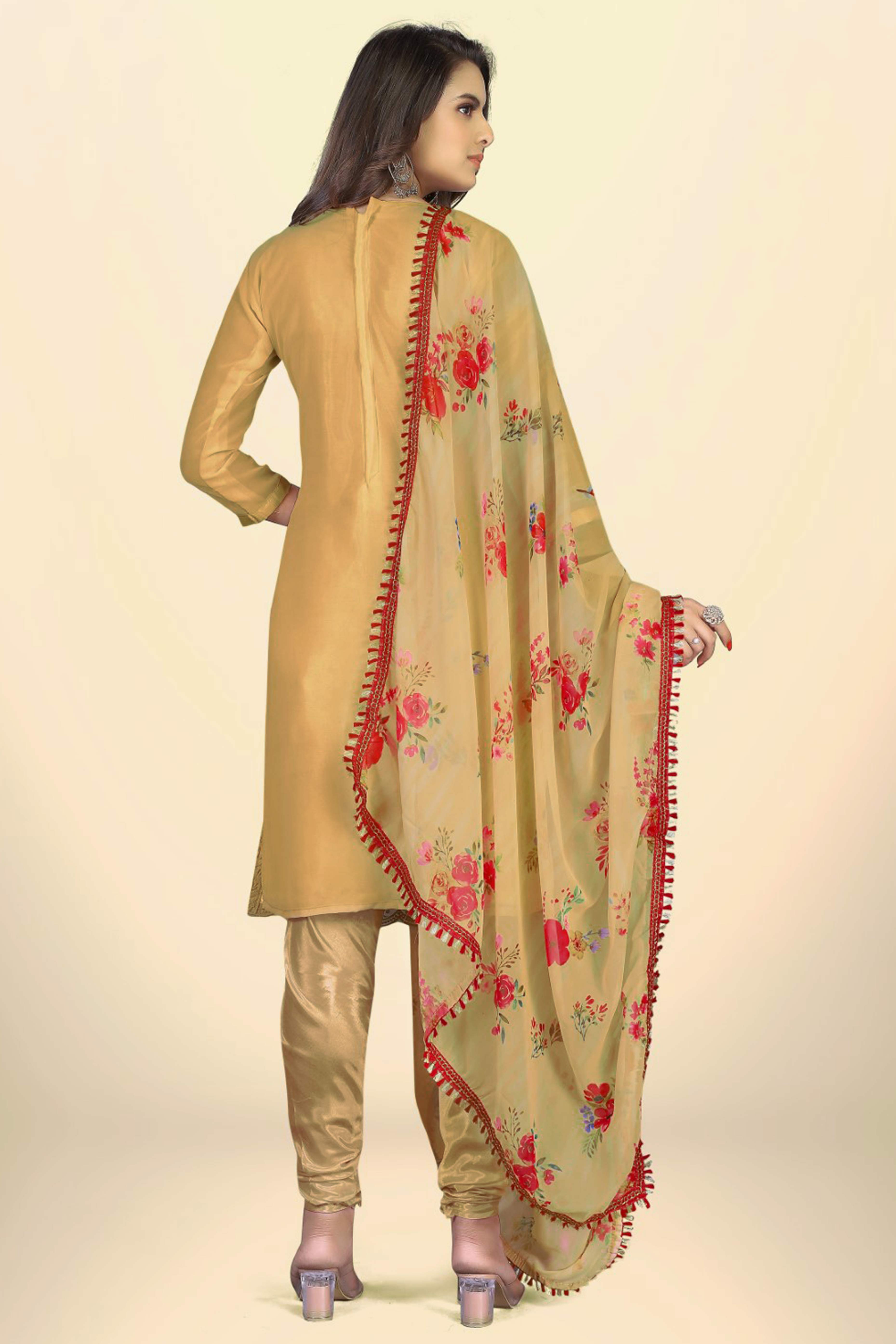 Chikoo Georgette Dress Material With Intricate Floral Thread Embroidery