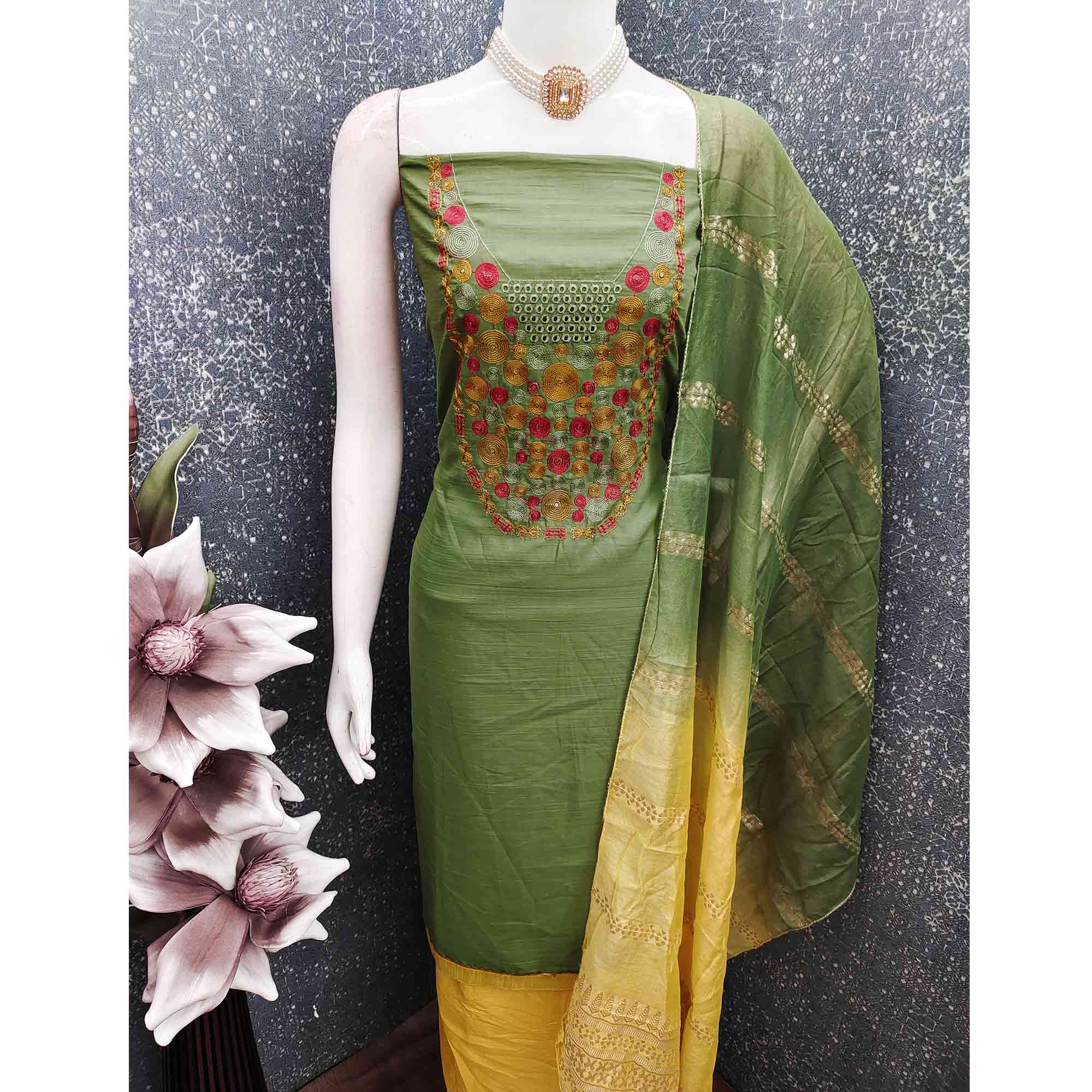 Charming Green Thread Embroidered Cotton Blend Dress Material With Sequins & Gota Patti Accents