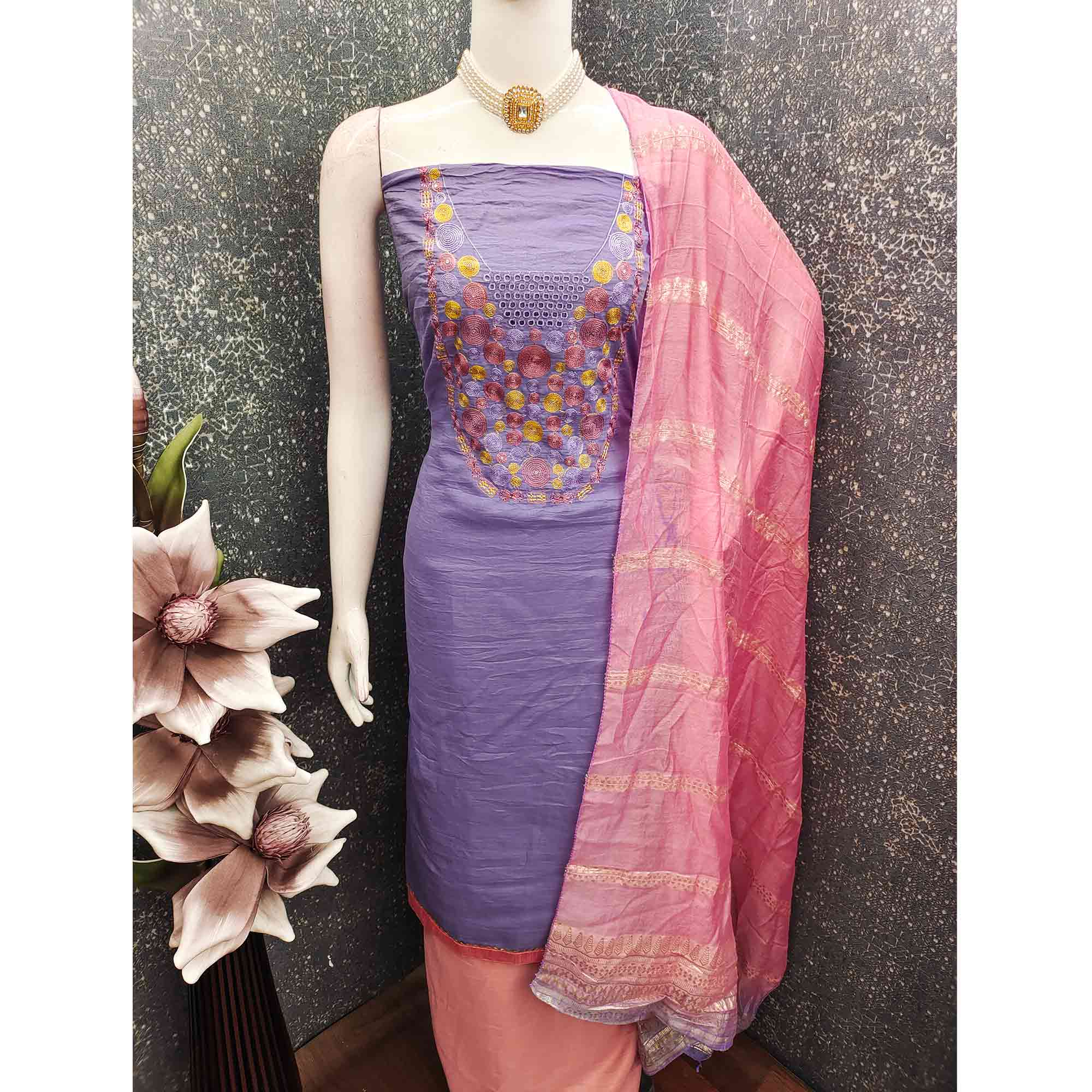 Charming Lavender Thread Embroidered Cotton Blend Dress Material With Sequins & Gota Patti Accents