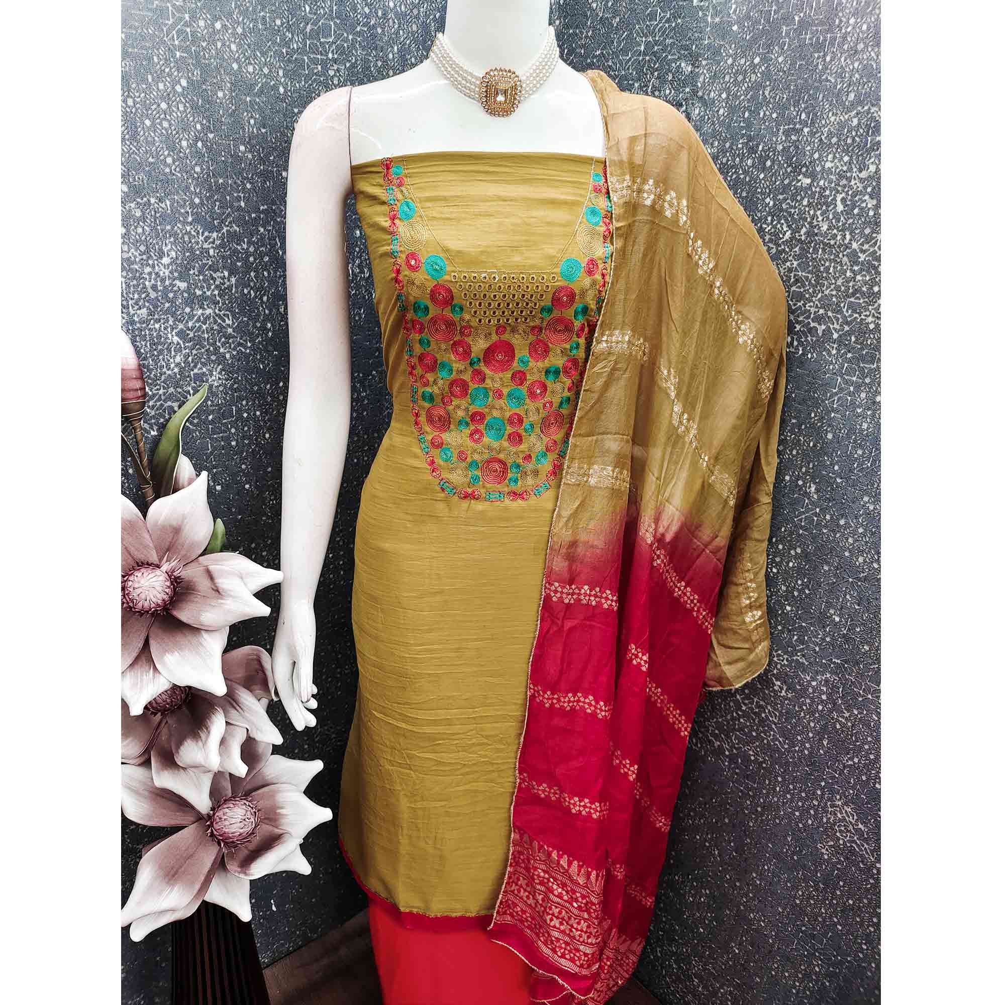 Charming Mustard Thread Embroidered Cotton Blend Dress Material With Sequins & Gota Patti Accents