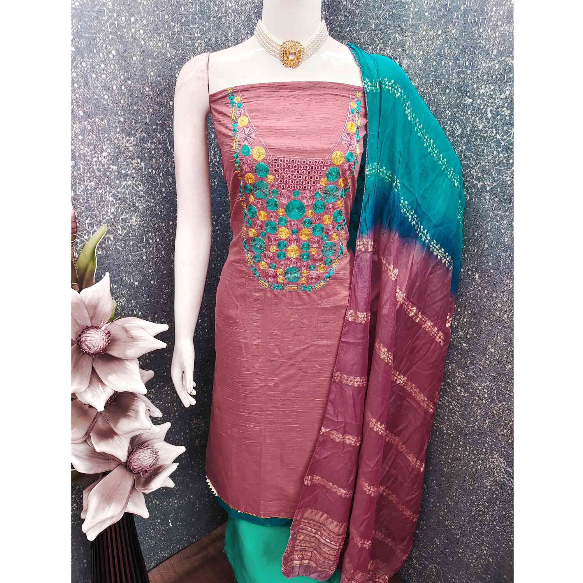 Charming Pink Thread Embroidered Cotton Blend Dress Material With Sequins & Gota Patti Accents
