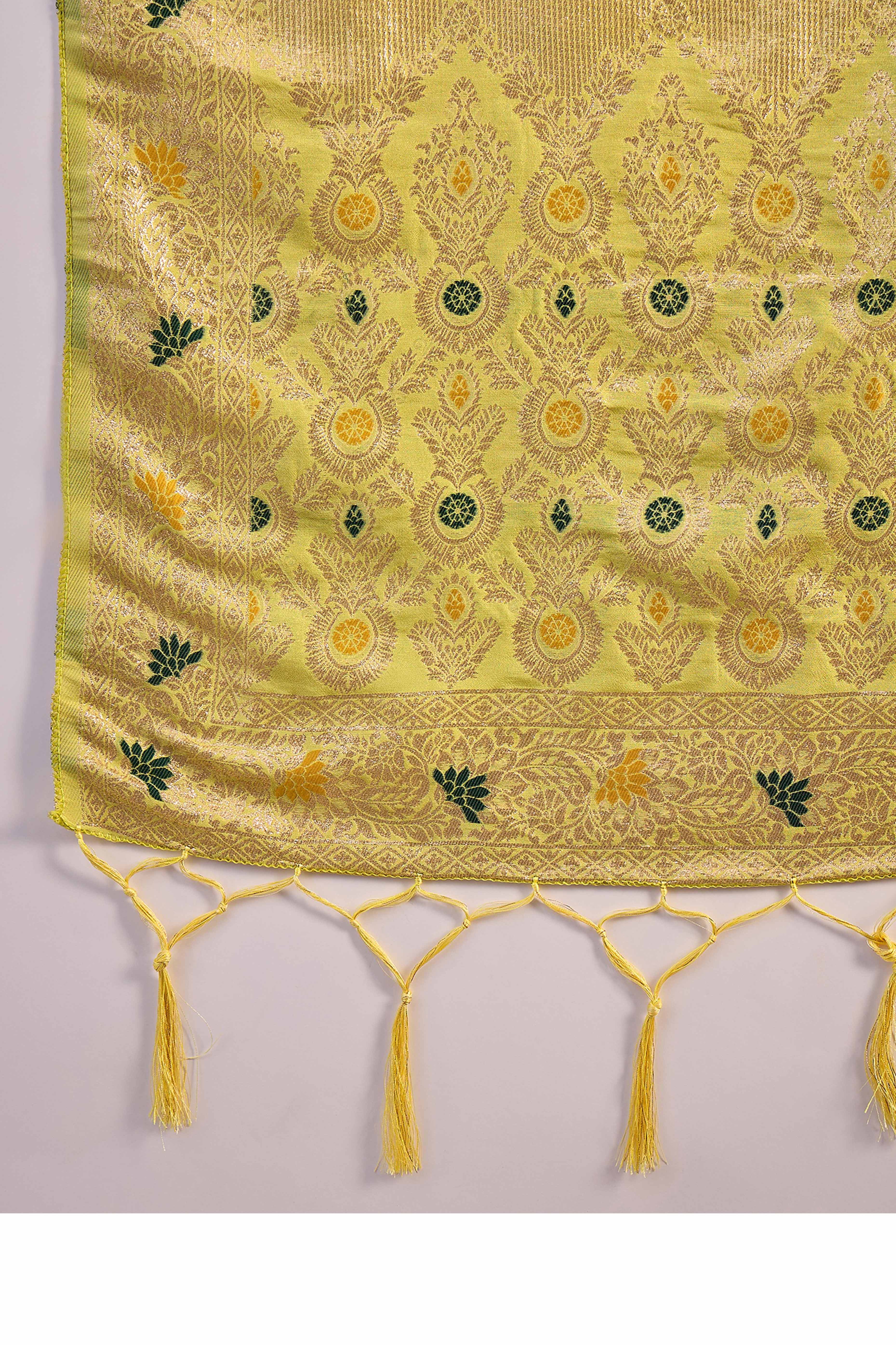 Light Yellow Cotton Blend Jacquard Saree Featuring Intricate Floral Weaving & Tassels On The Pallu
