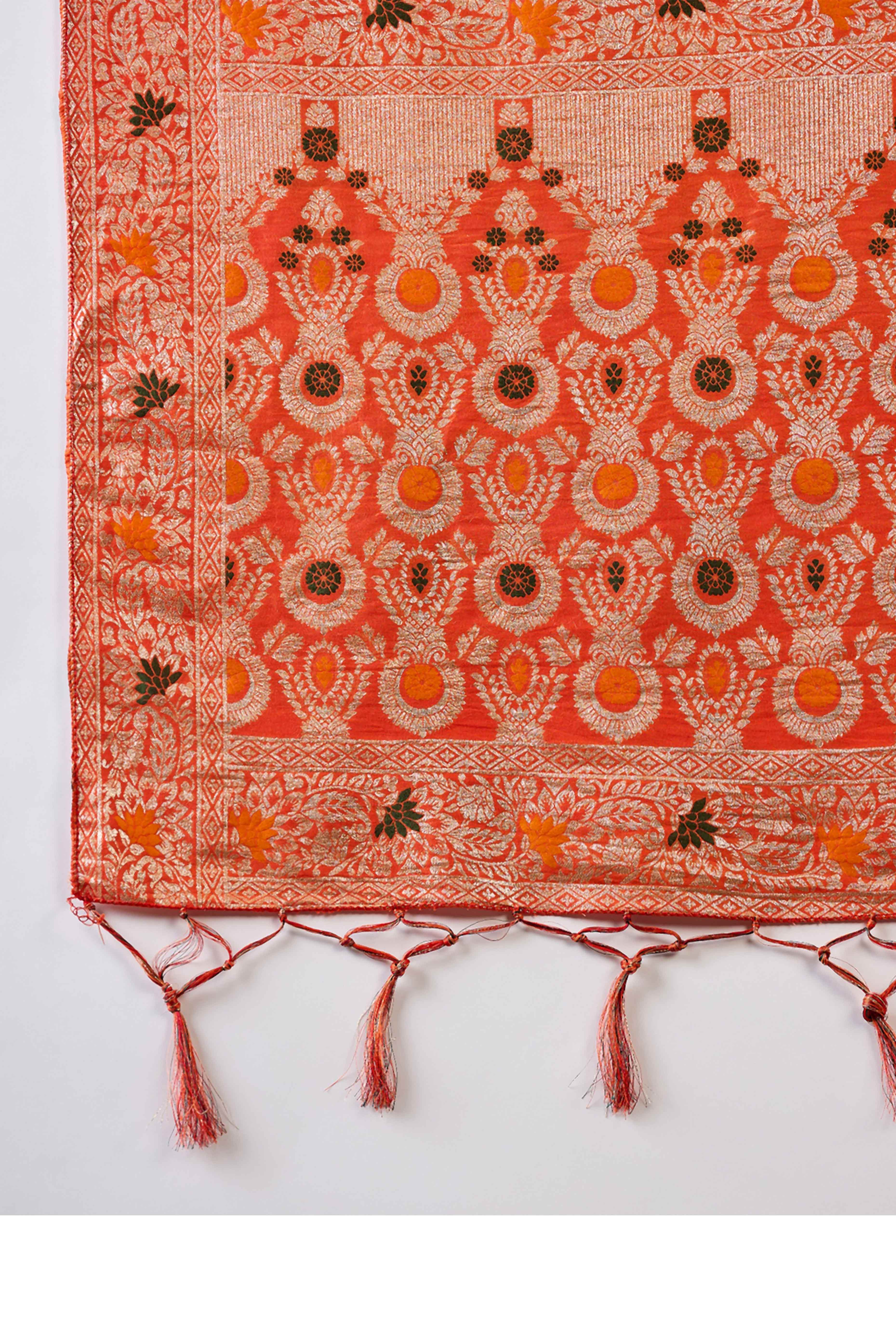 Orange Cotton Meena jacquard Saree Featuring Intricate Floral Weaving & Playful Tassels On The Pallu