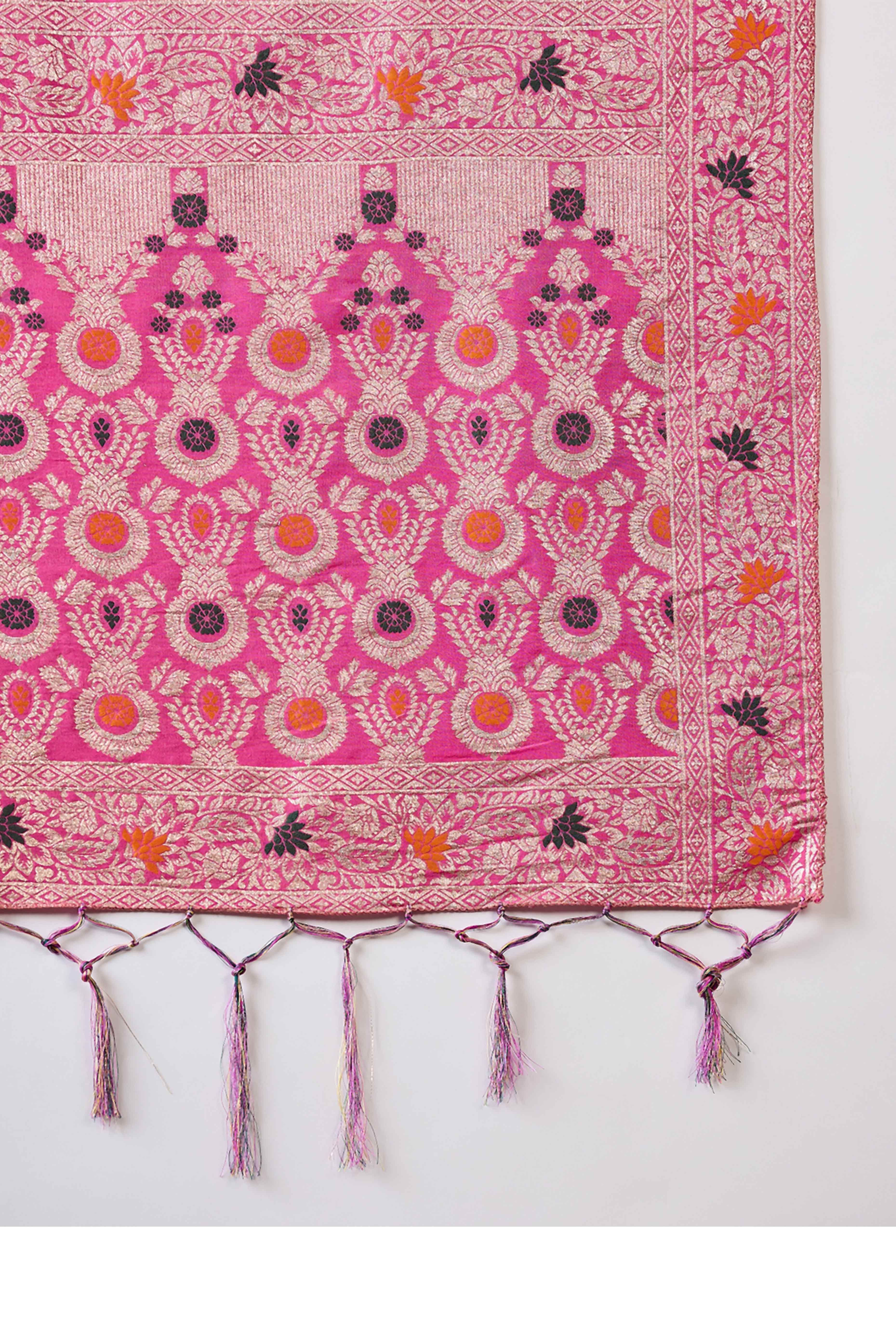 Pink Cotton Meena Jacquard Saree Featuring Intricate Floral Weaving & Tassels On The Pallu