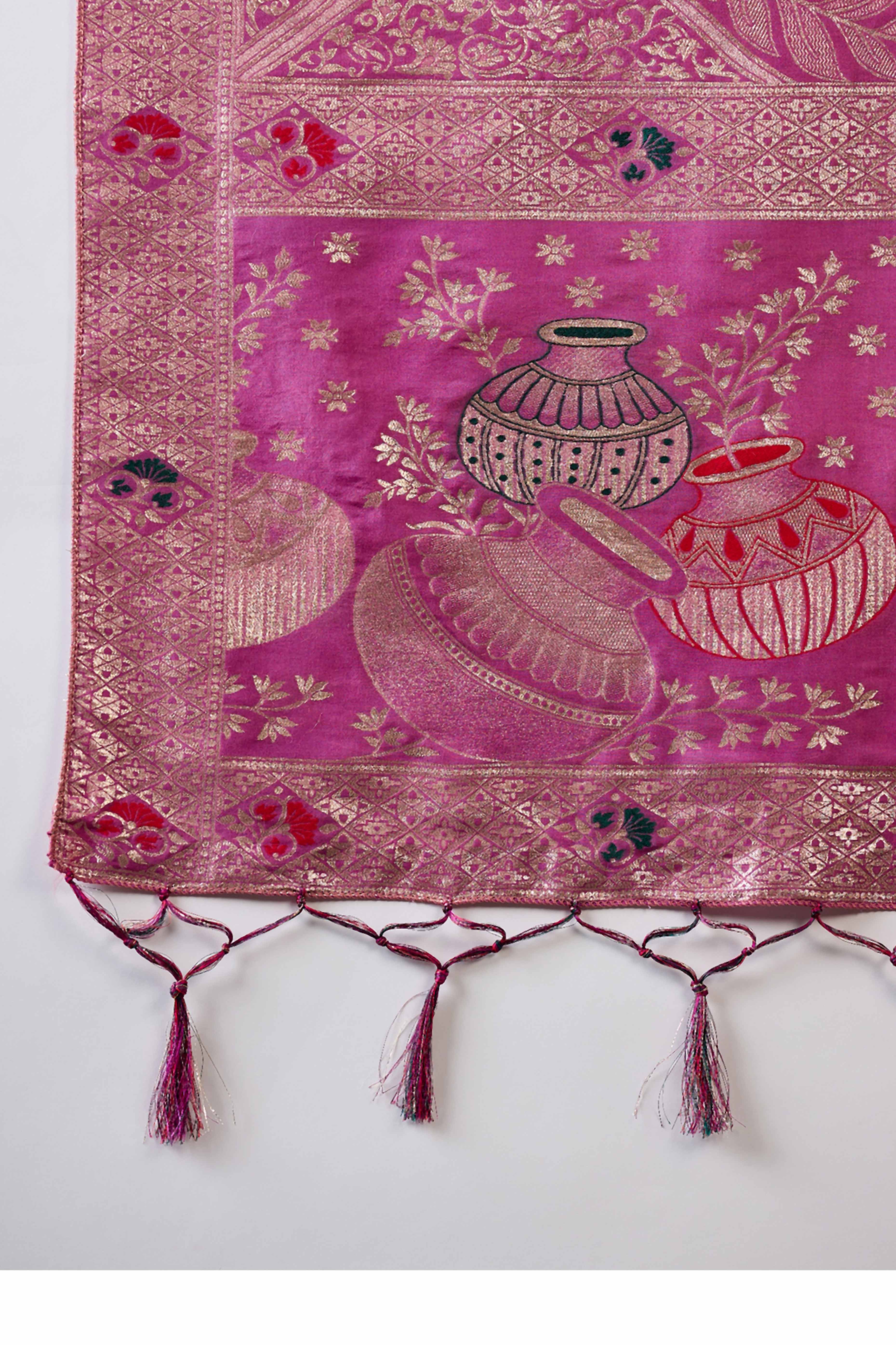 Magenta Cotton Blend Saree Adorned With Floral Zari Weaving & Soft Tassel Accents