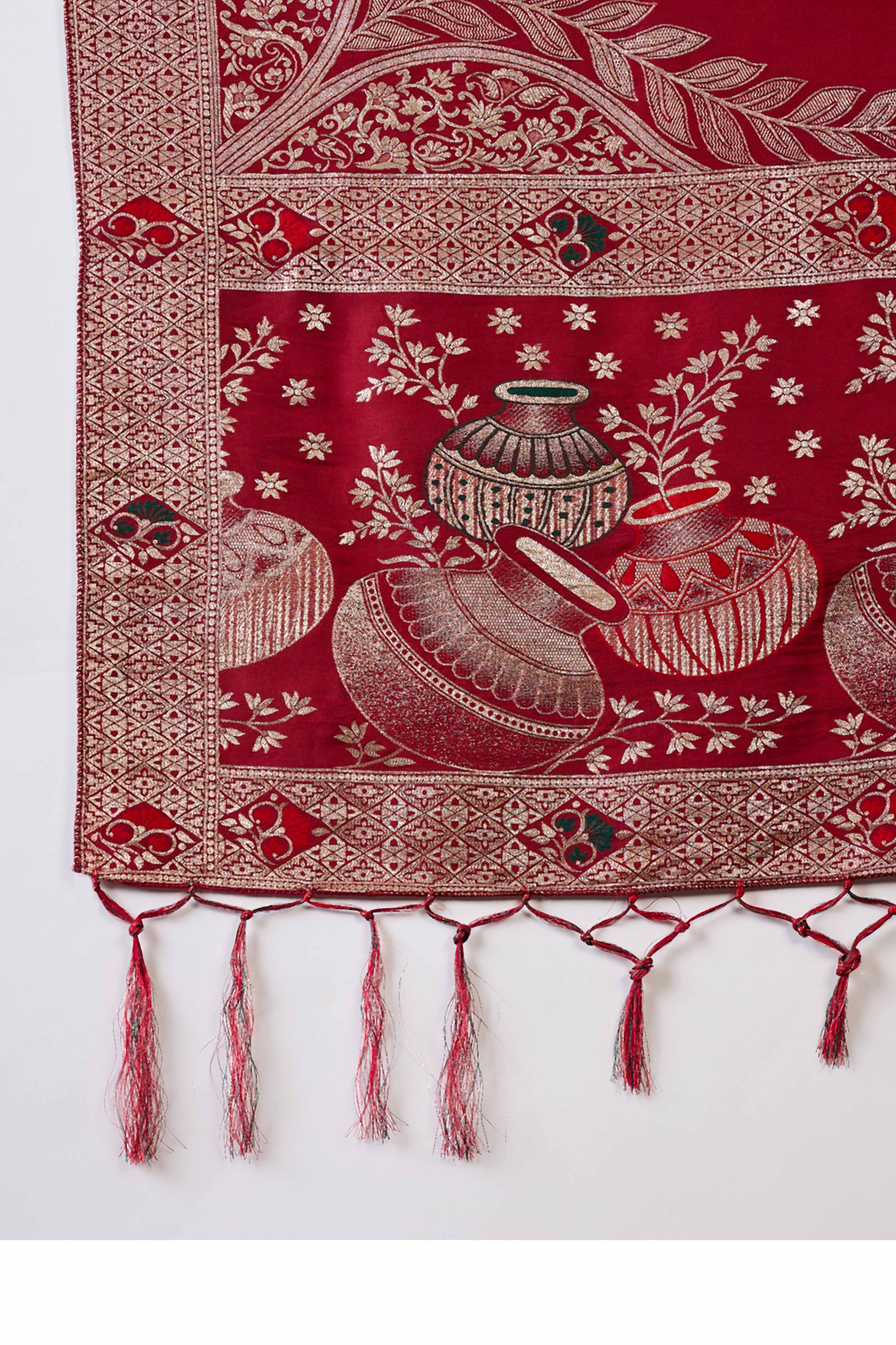 Maroon Cotton Blend Saree Adorned With Floral Zari Weaving & Soft Tassel Accents