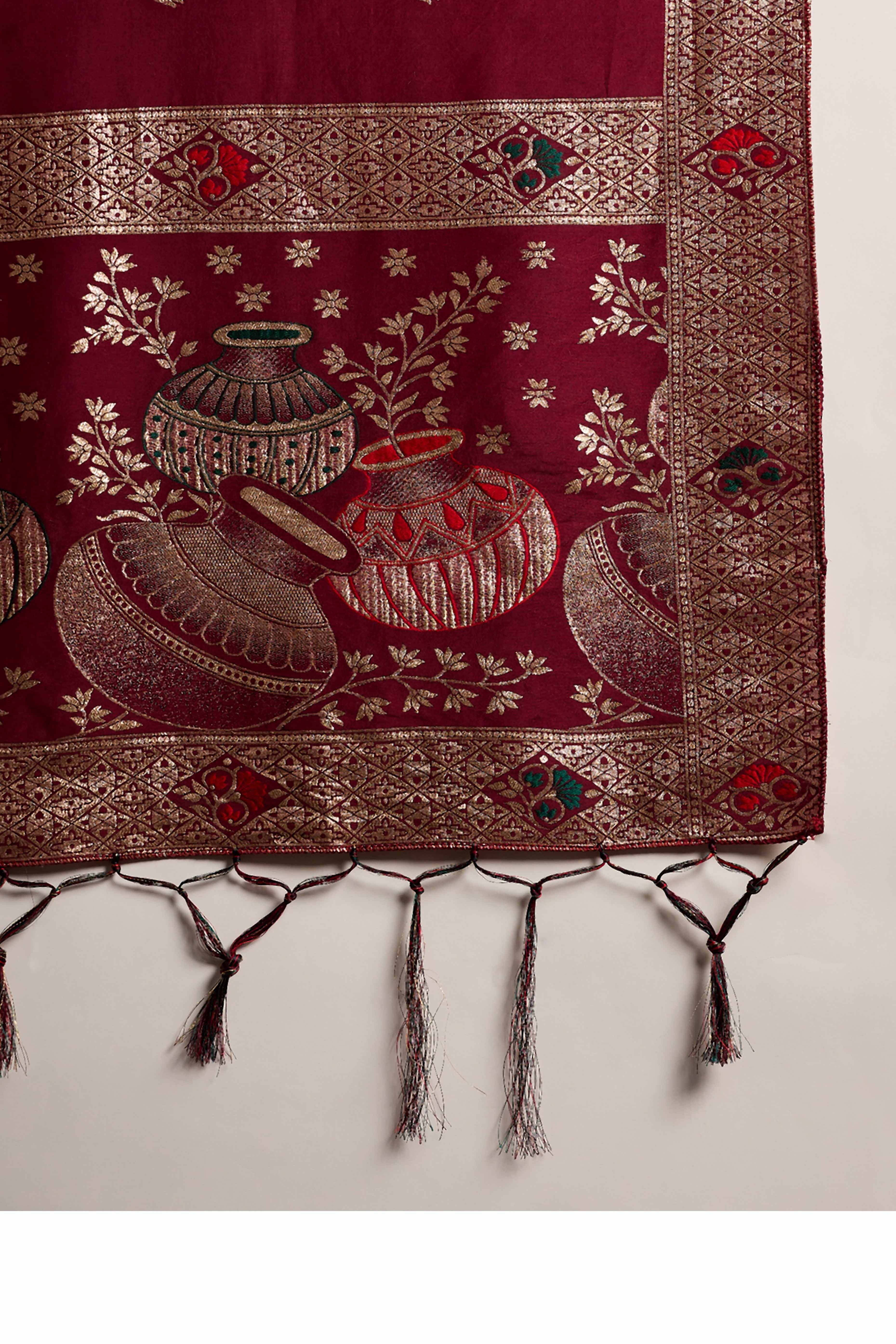 Wine Cotton Blend Saree Adorned With Floral Zari Weaving & Soft Tassel Accents