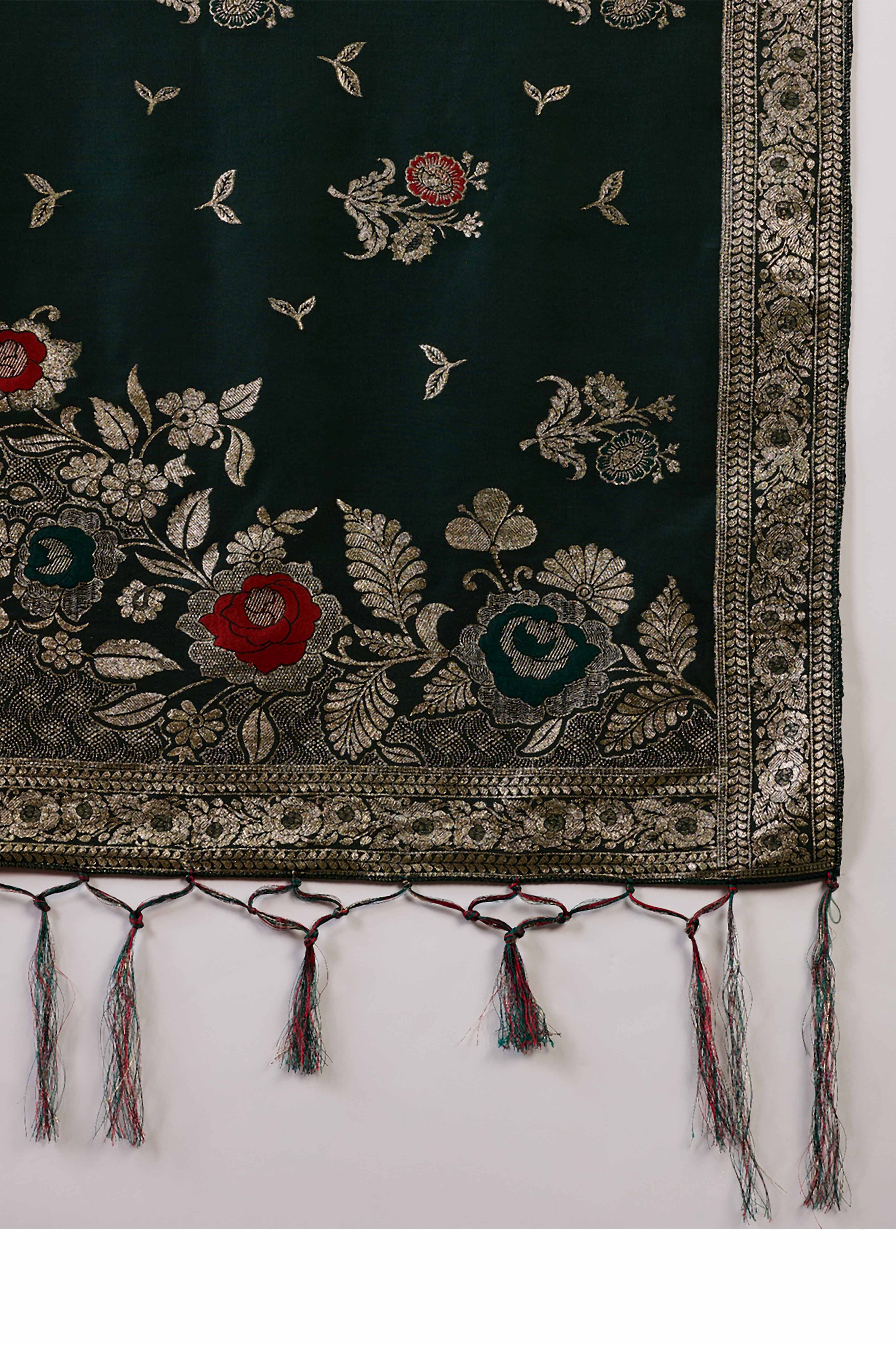 Green Cotton Blend Saree Embellished With Floral Zari Weaving & Tasselled Pallu