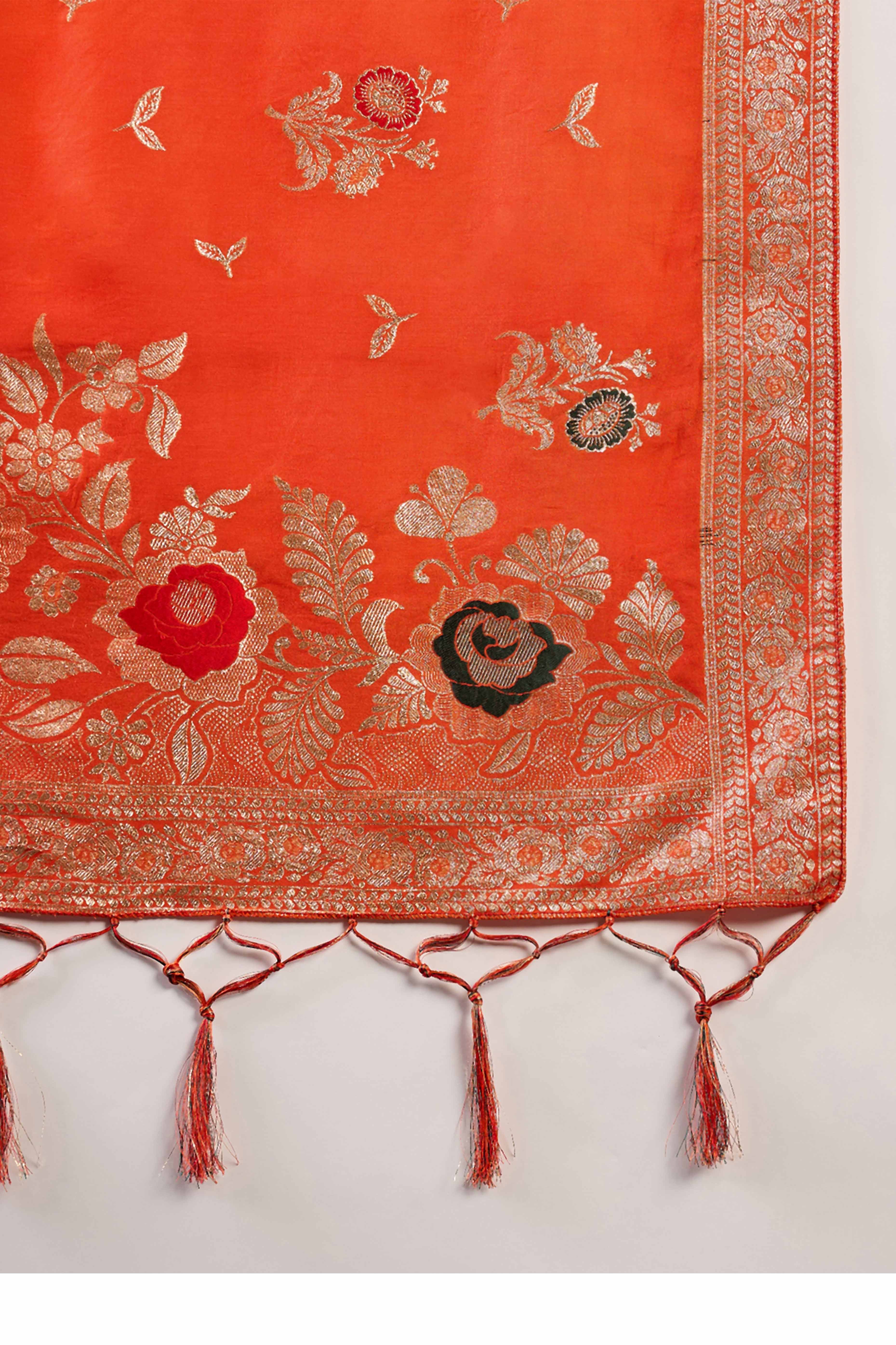 Orange Cotton Blend Saree Embellished With Floral Zari Weaving & Tasselled Pallu