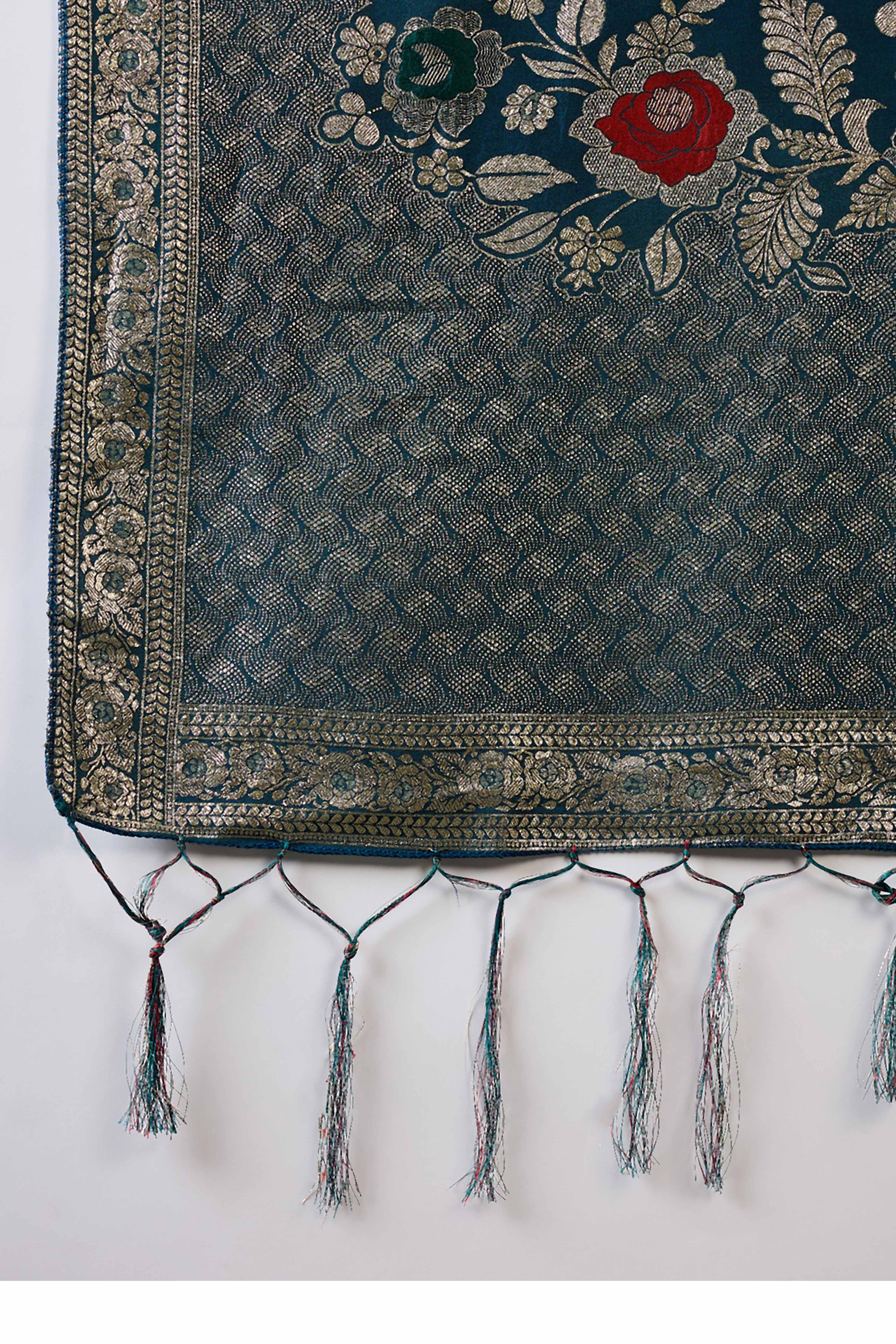 Teal Cotton Blend Saree Embellished With Floral Zari Weaving & Tasselled Pallu