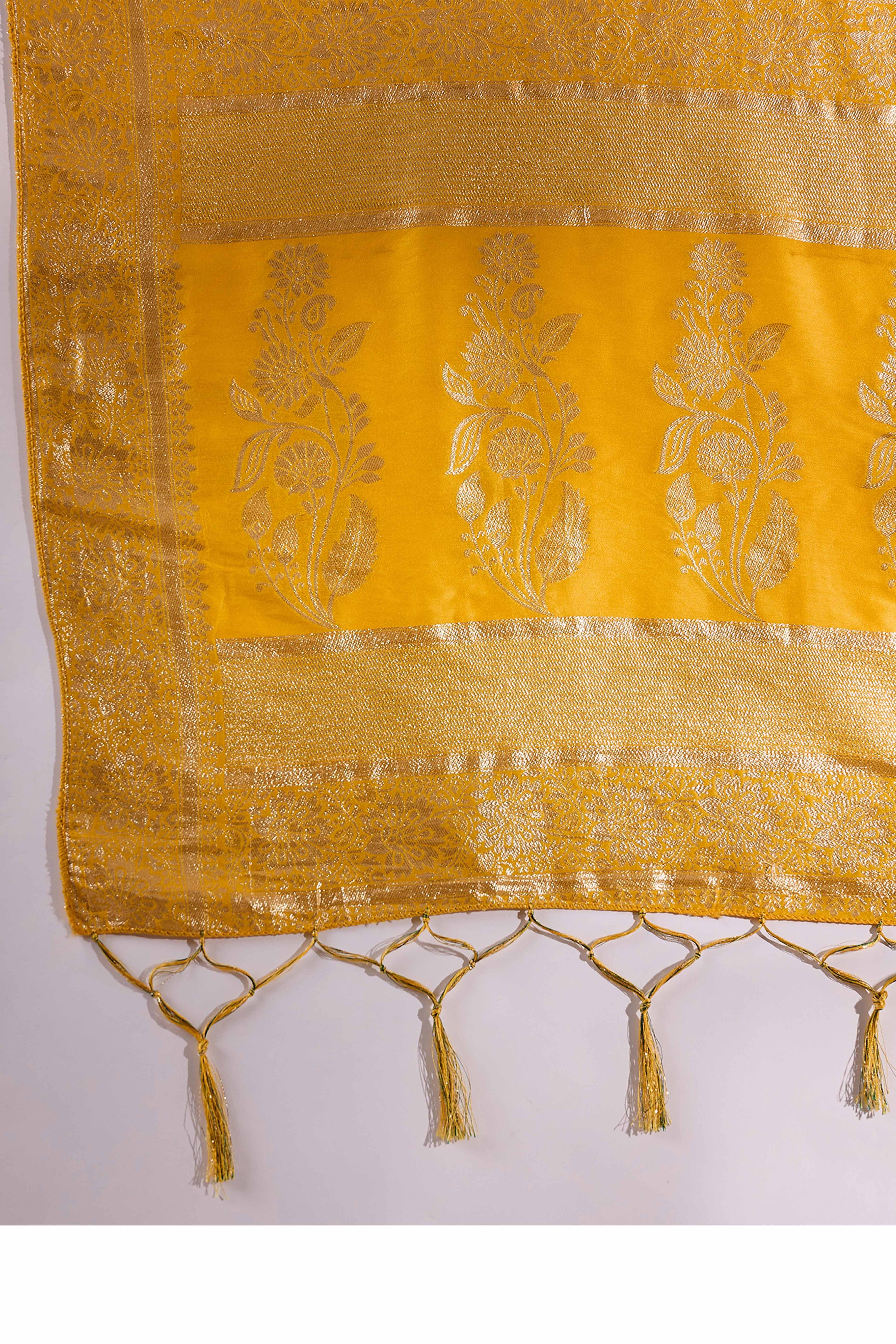 Mustard Cotton Blend Jacquard Saree Adorned With Floral Weaving & Graceful Tassel Pallu