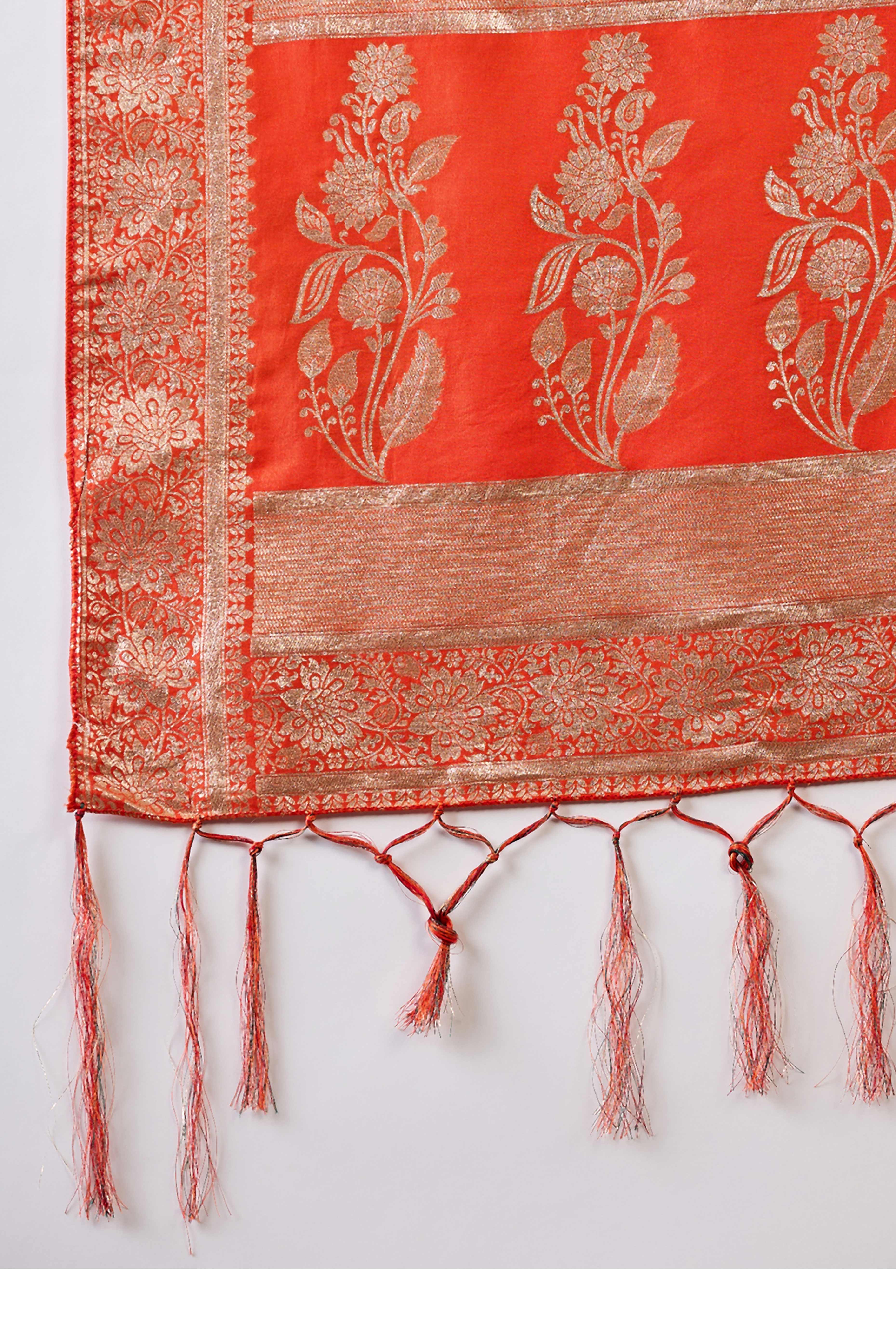 Orange Cotton Blend Jacquard Saree Adorned With Floral Weaving & Graceful Tassel Pallu