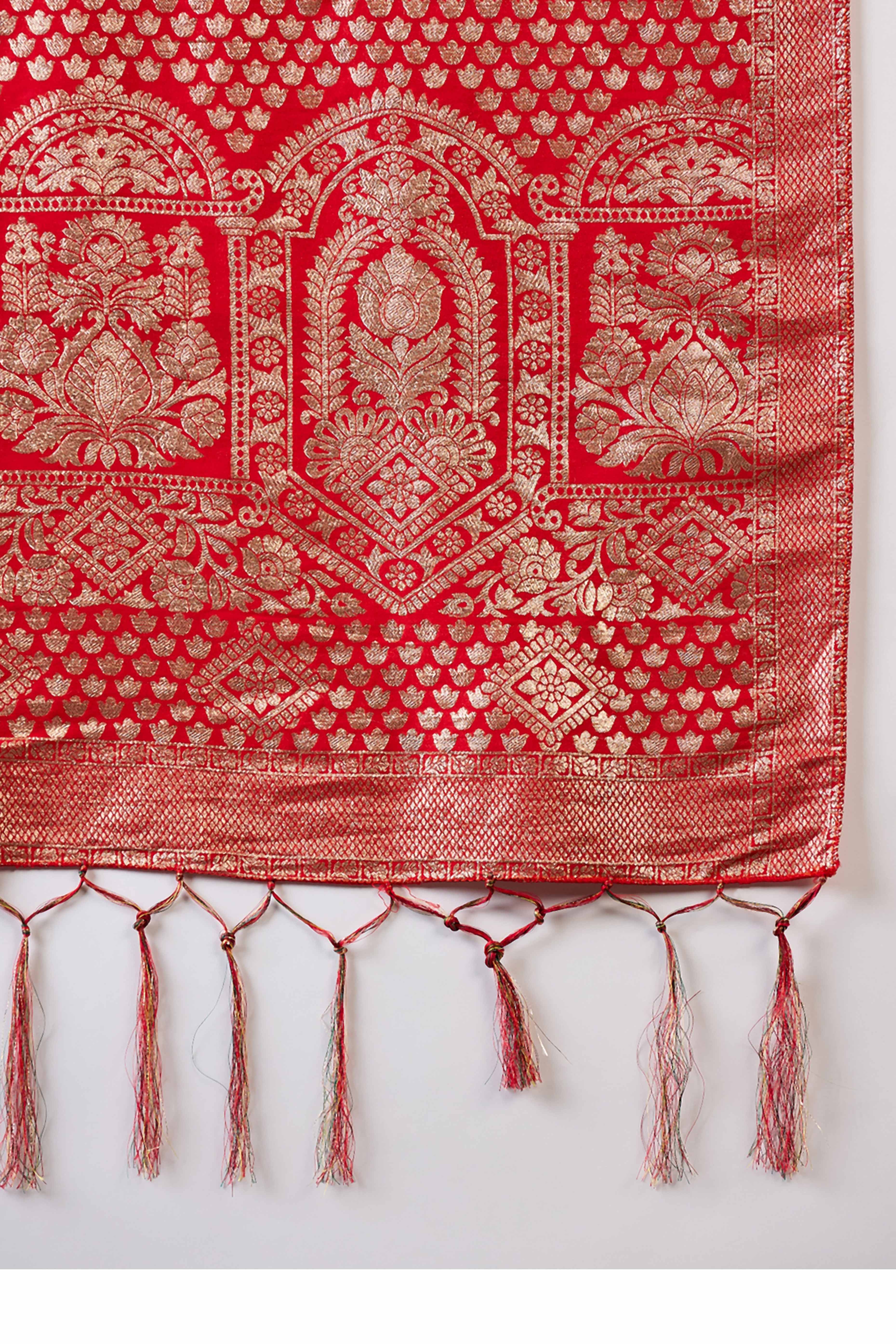 Red Cotton Blend Saree With Intricate Floral Zari Weaving & Soft Tassel