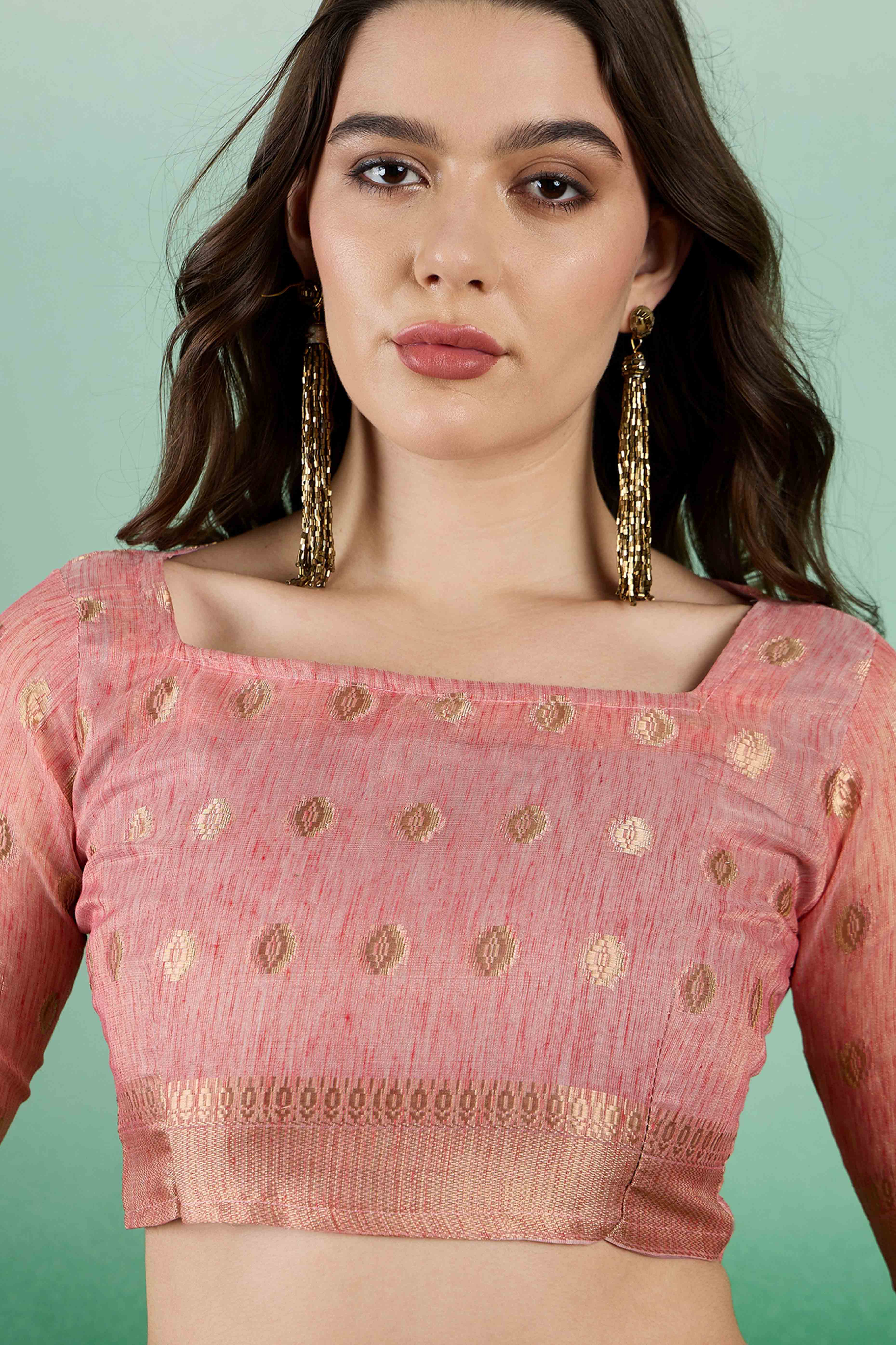 Peach Khadi Organza Saree Embellished With Traditional Zari Work & Tassels