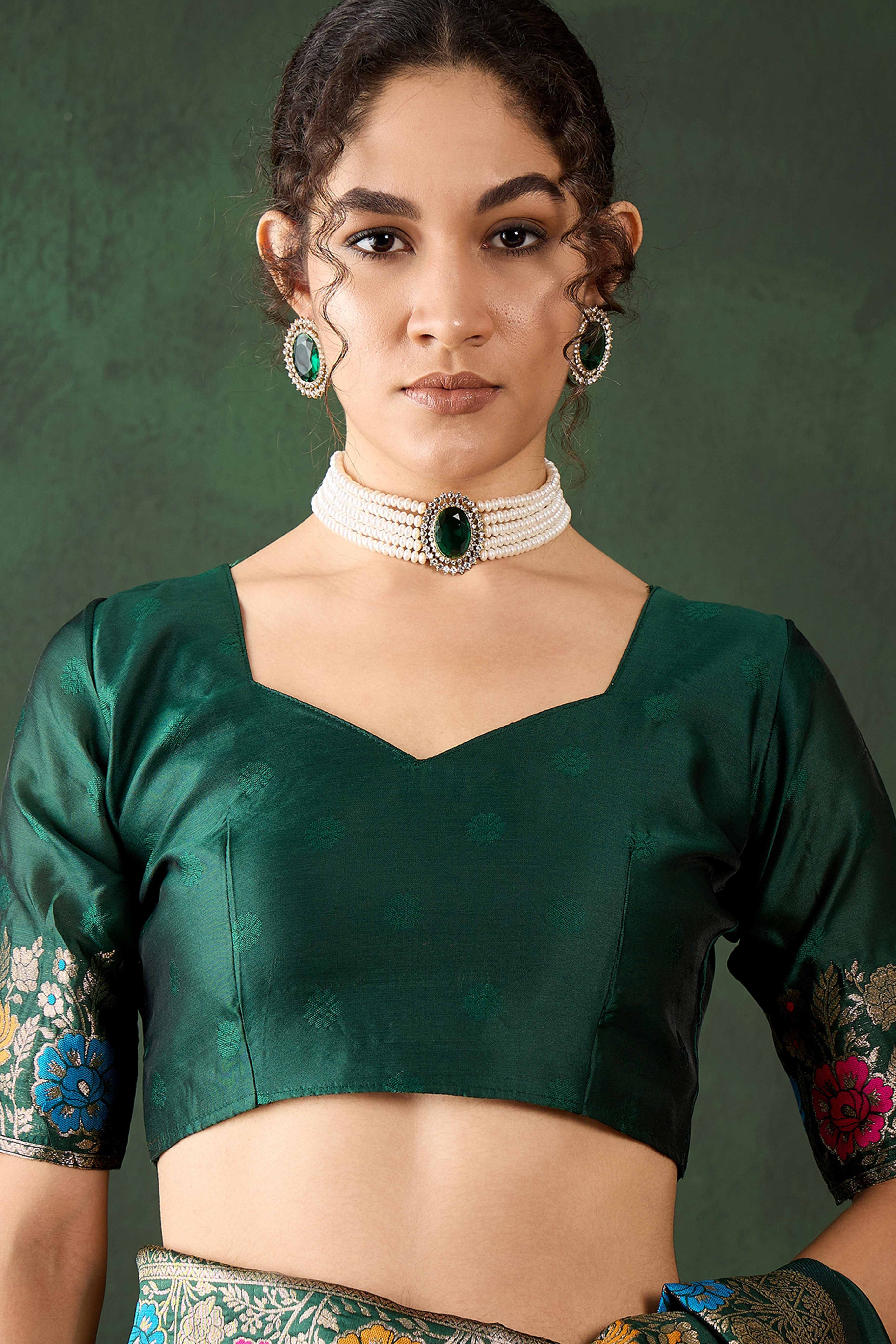 Green Saree In Poly Silk Blend Featuring Floral Zari Weaving & Tassel Accents