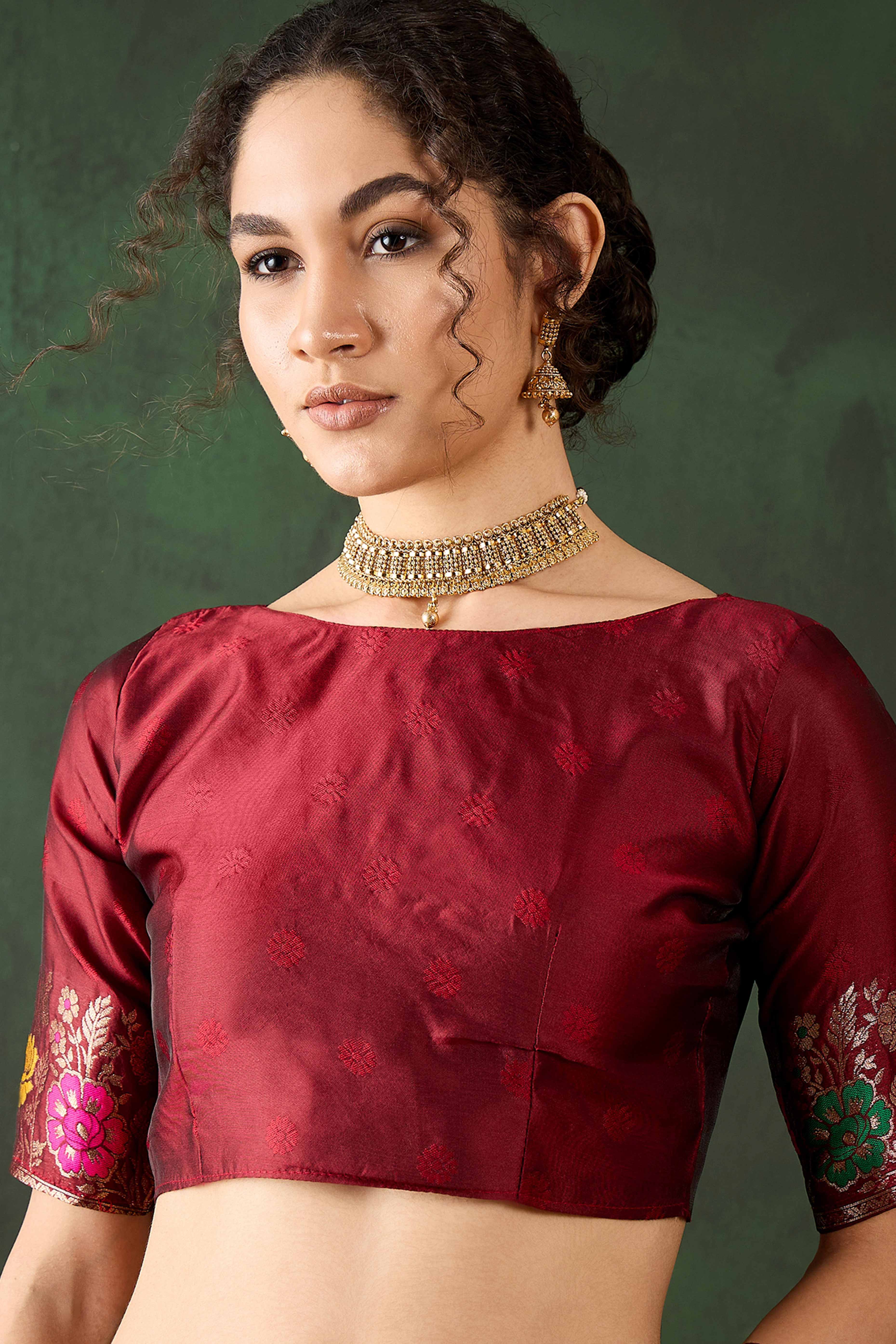 Maroon Saree In Poly Silk Blend Featuring Floral Zari Weaving & Tassel Accents