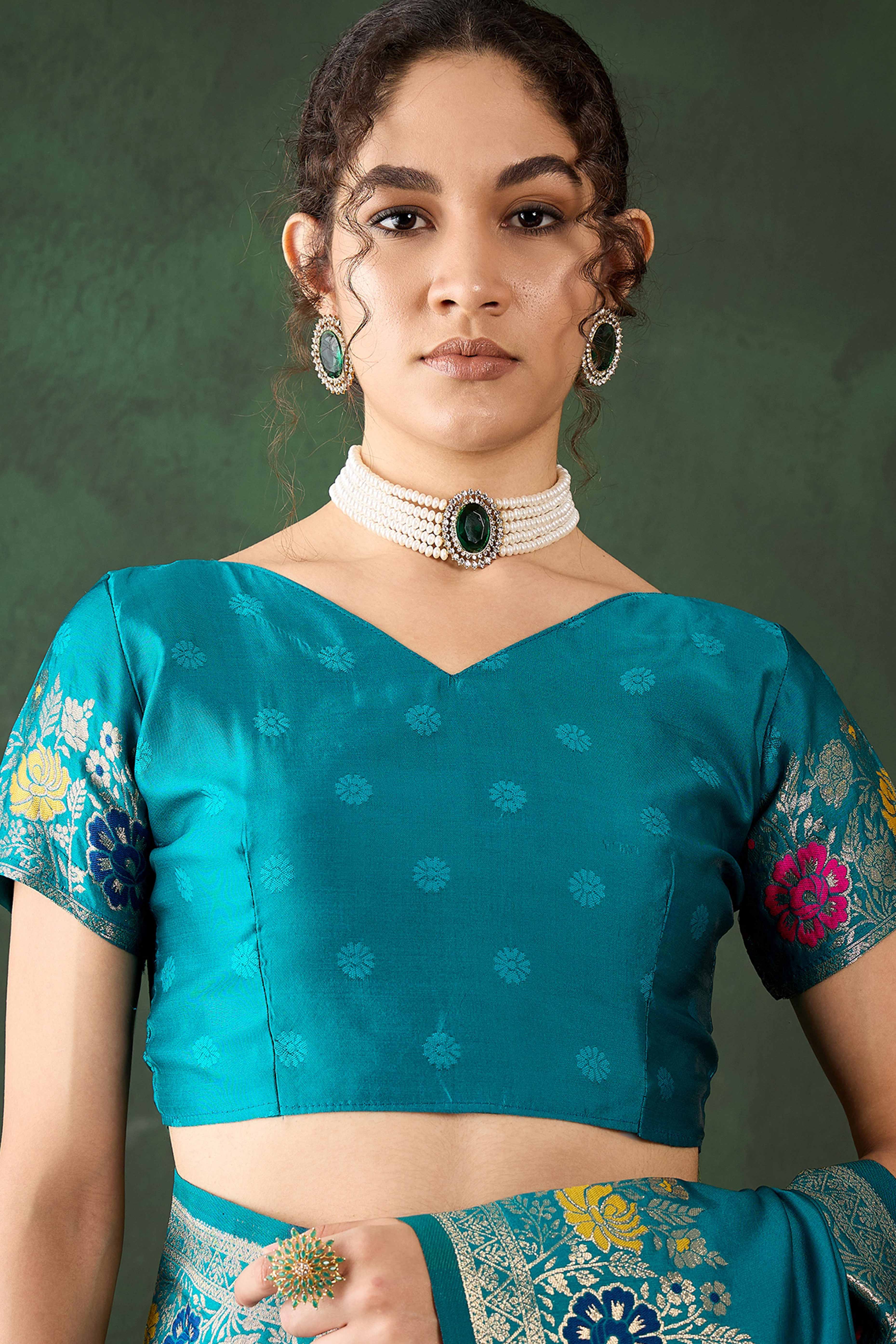 Rama Blue Saree In Poly Silk Blend Featuring Floral Zari Weaving & Tassel Accents