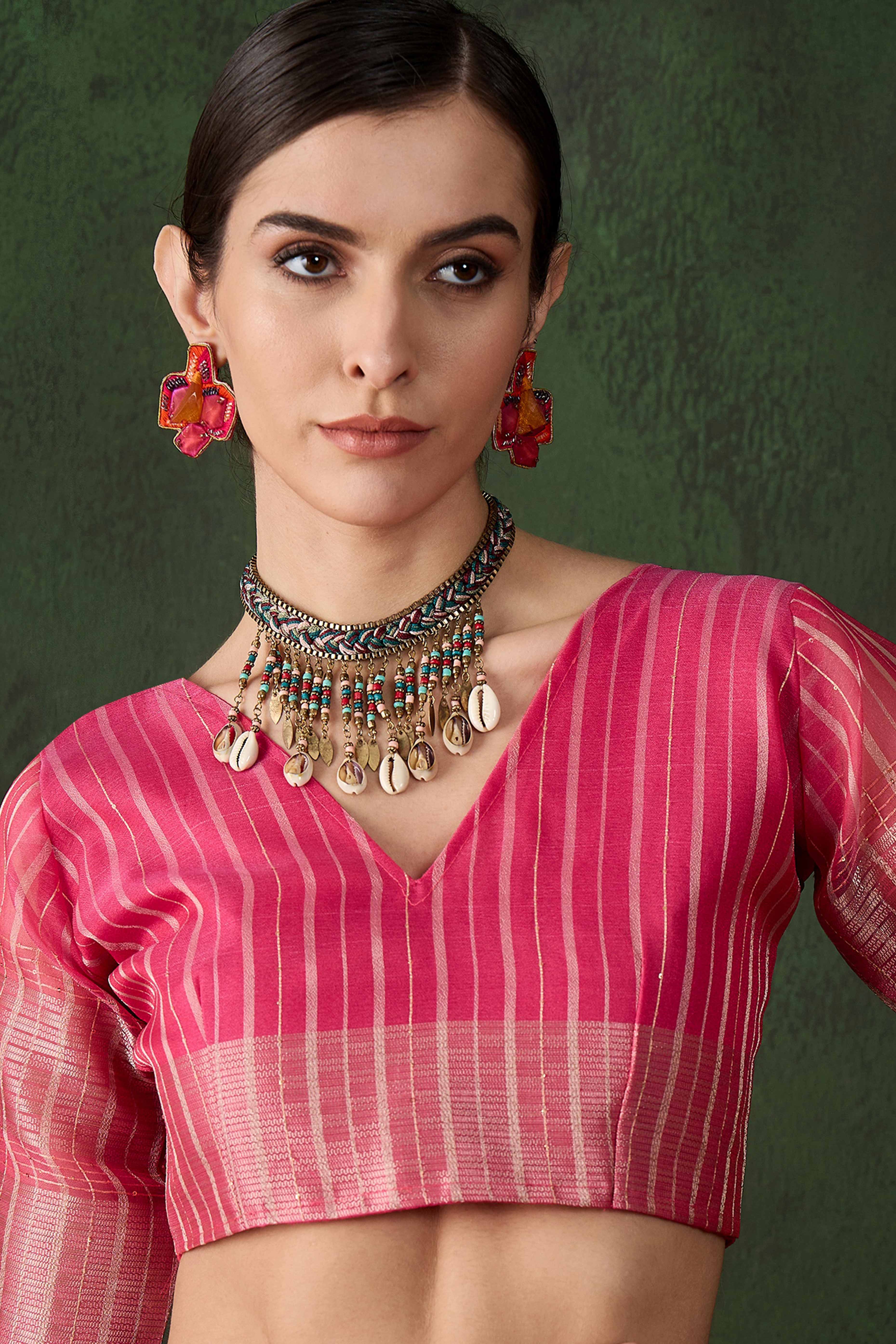 Pink Woven Khadi Organza Saree Embellished With Shimmering Sequins Work