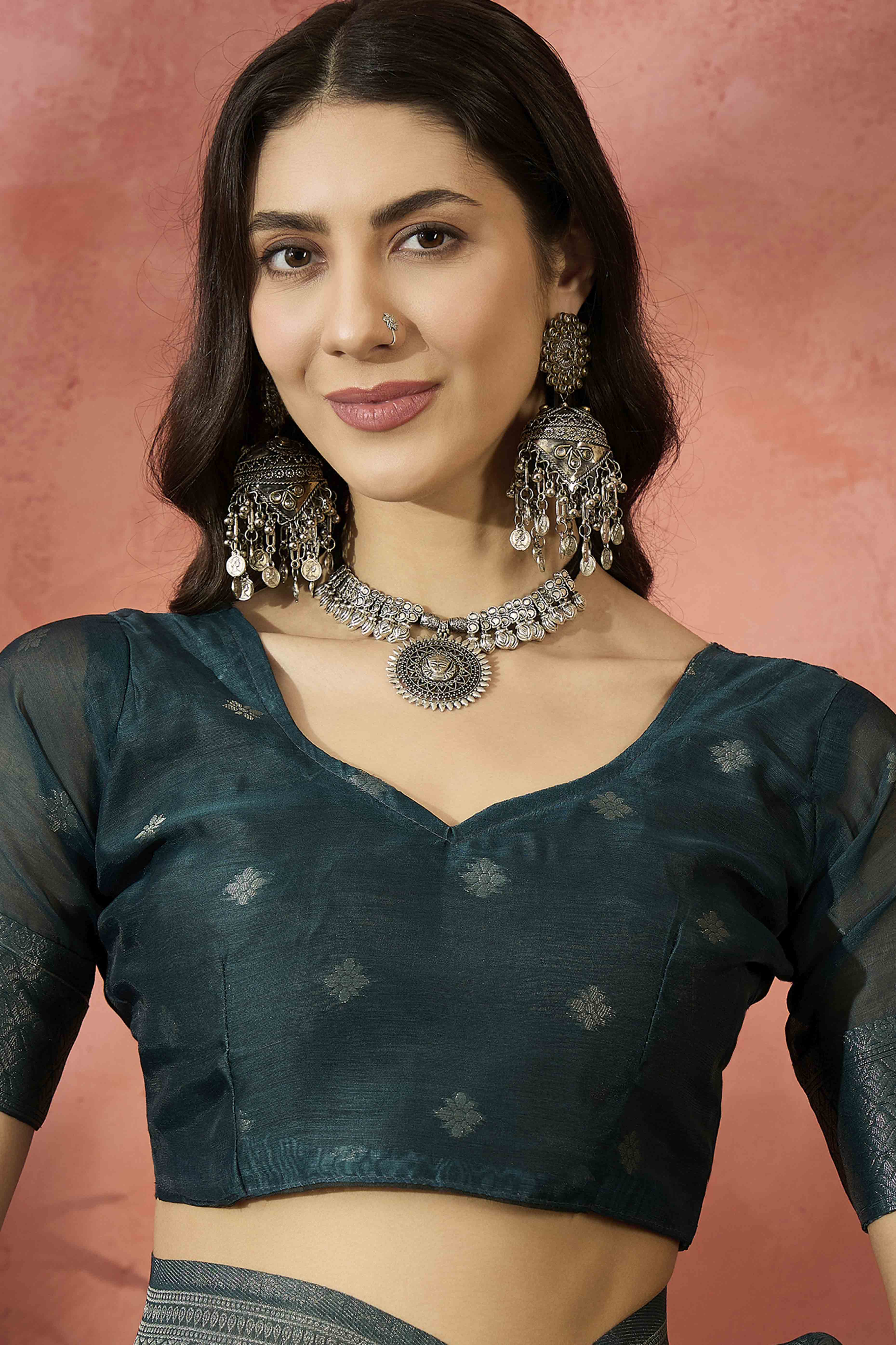 Turquoise Saree In Poly Cotton Featuring Intricate Floral Zari Weaving & Tassel Accents