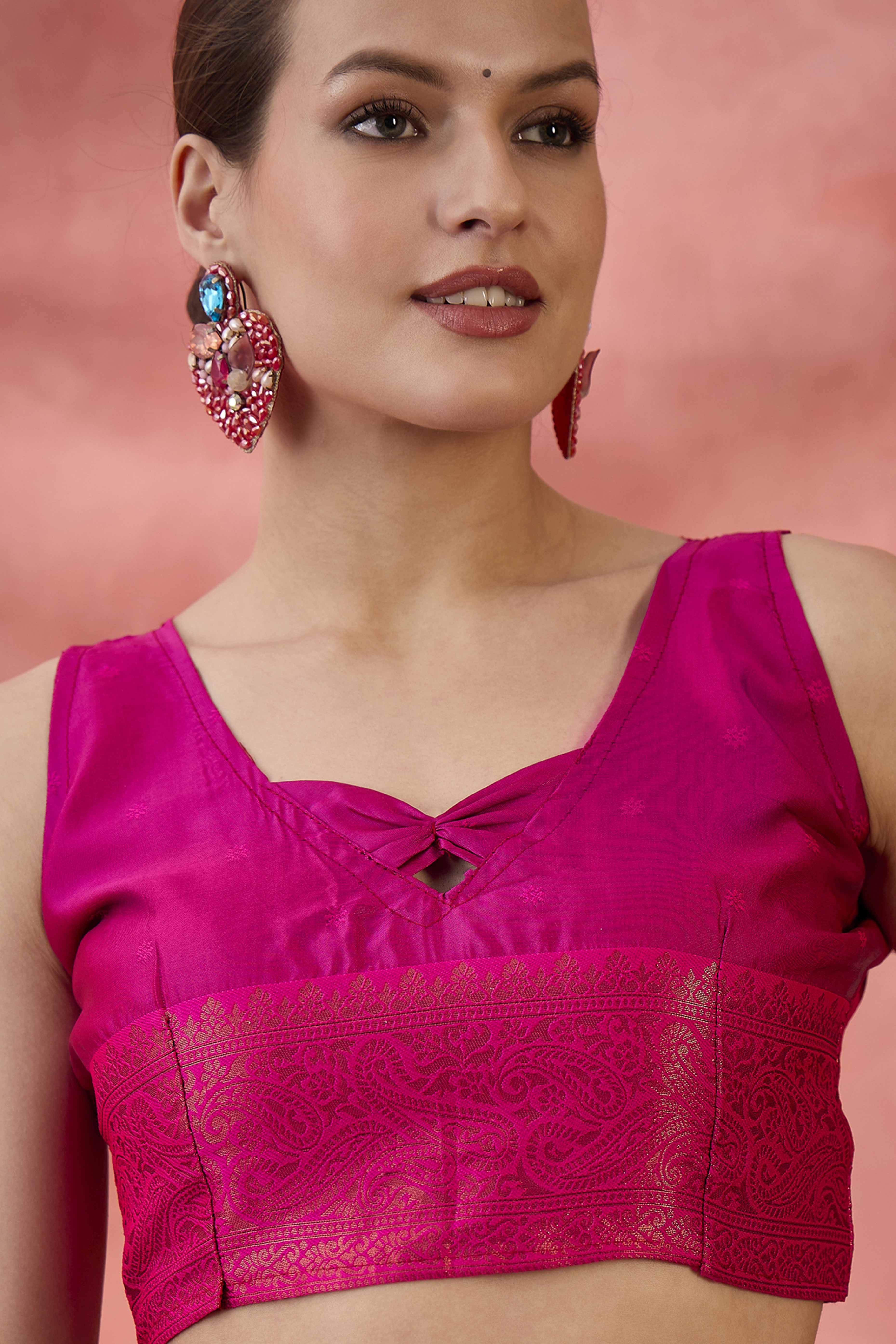 Rani Pink Woven Poly Silk Blend Saree Featuring Floral & Paisley Motifs With Tassel Accents