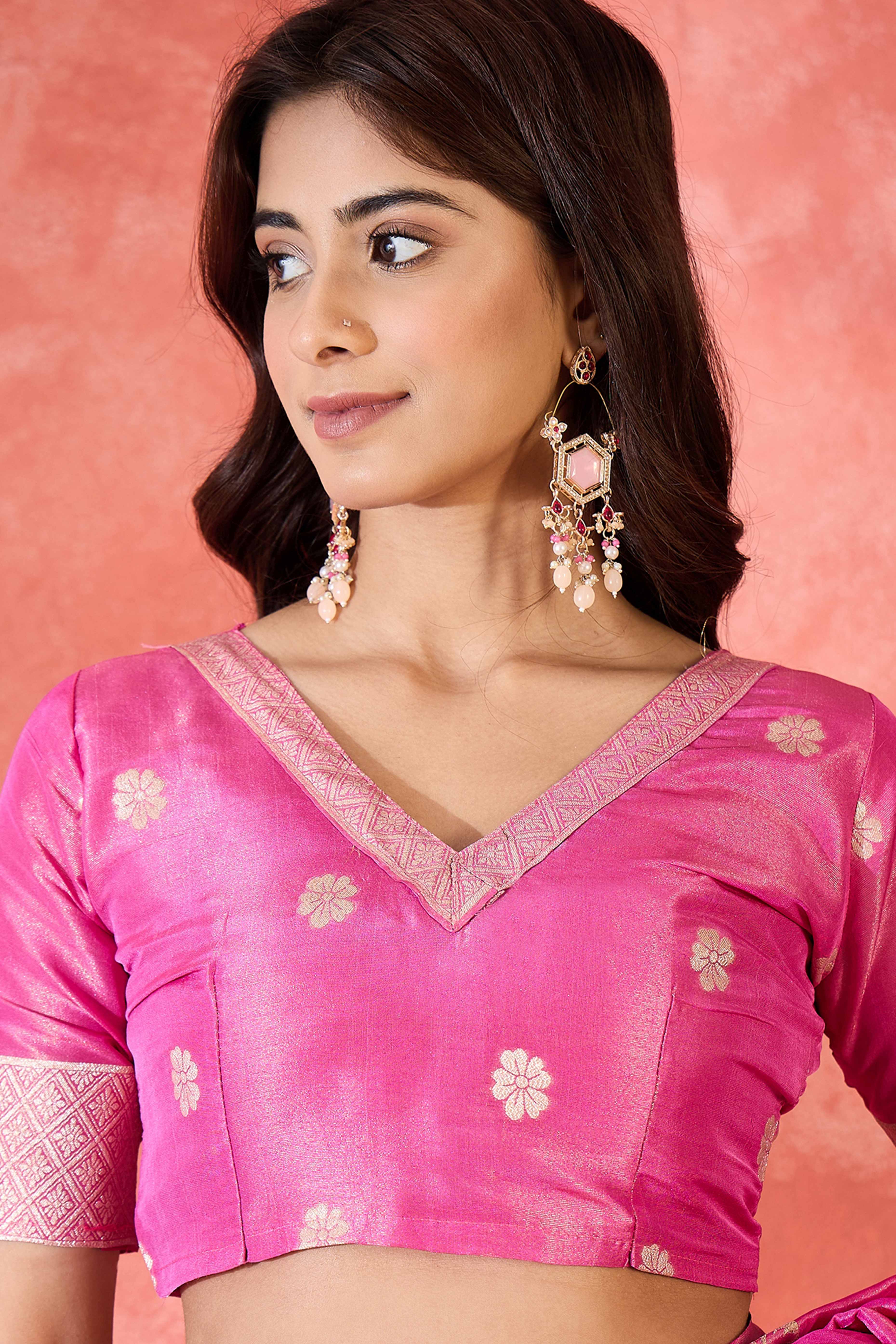 Pink Saree In Shimmer Fabric With Floral Zari Weaving & Decorative Tassel Pallu