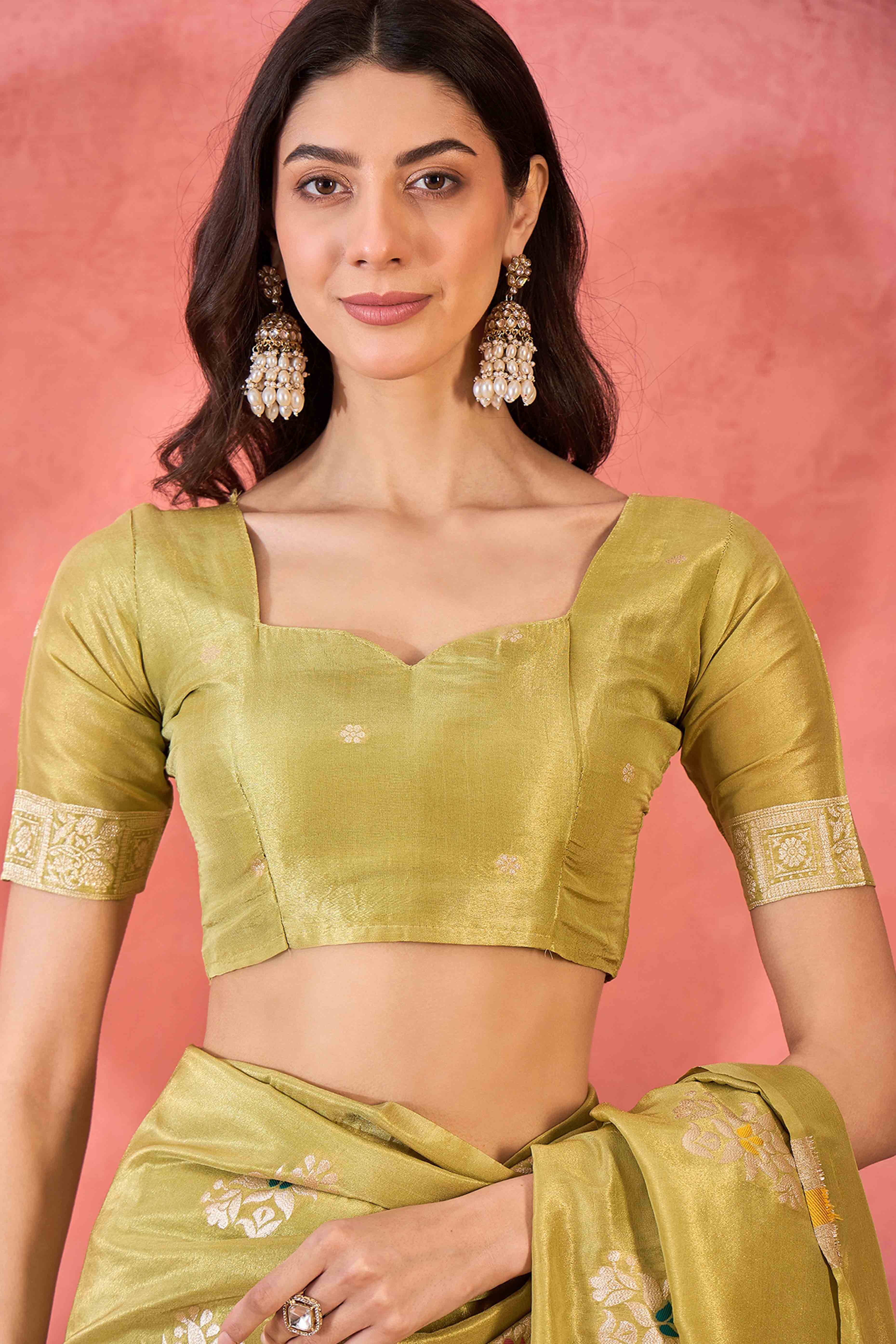 Lime Yellow Shimmer Saree Showcasing Floral Zari Weaving & A Tasselled Pallu