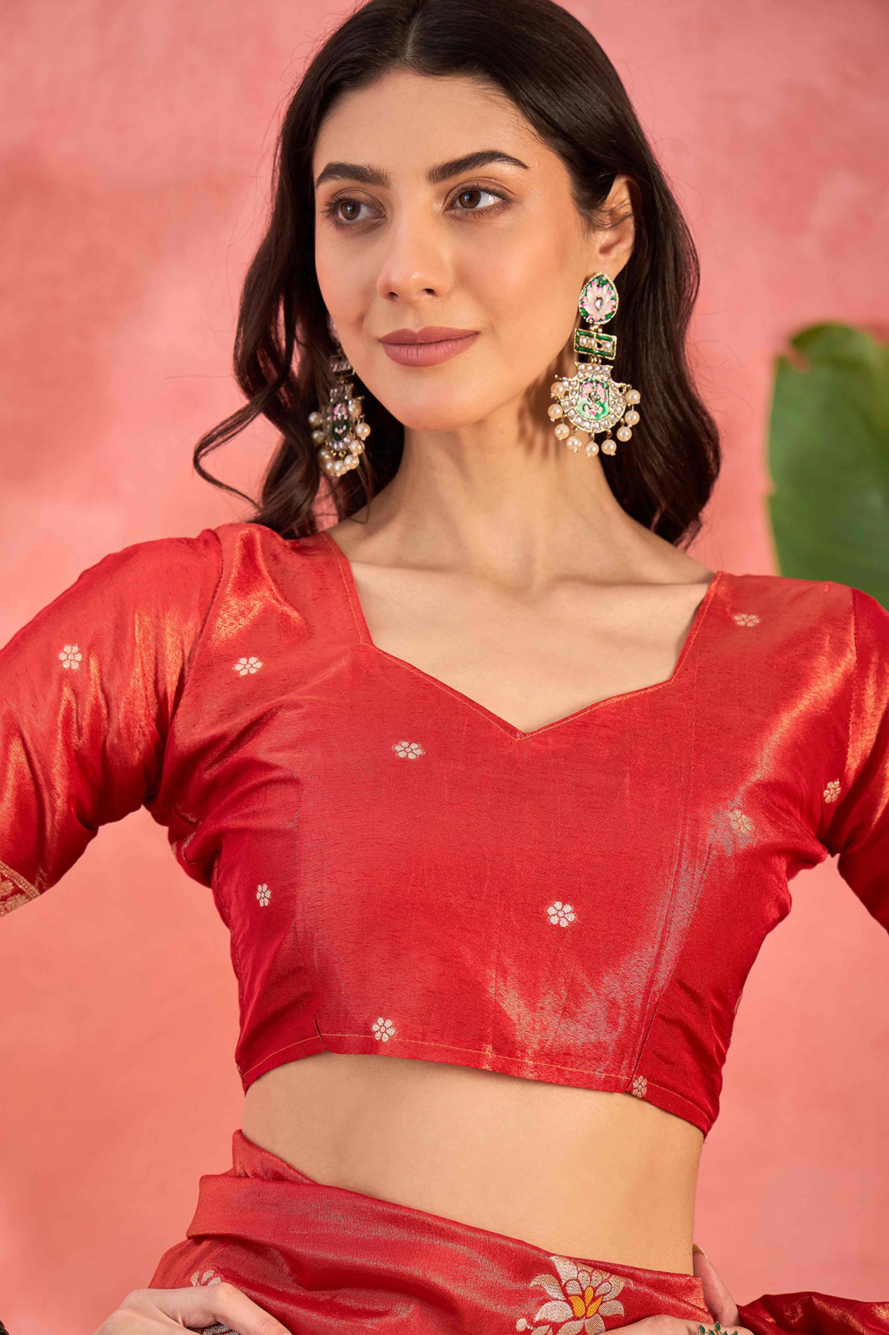 Red Shimmer Saree Showcasing Floral Zari Weaving & A Tasselled Pallu