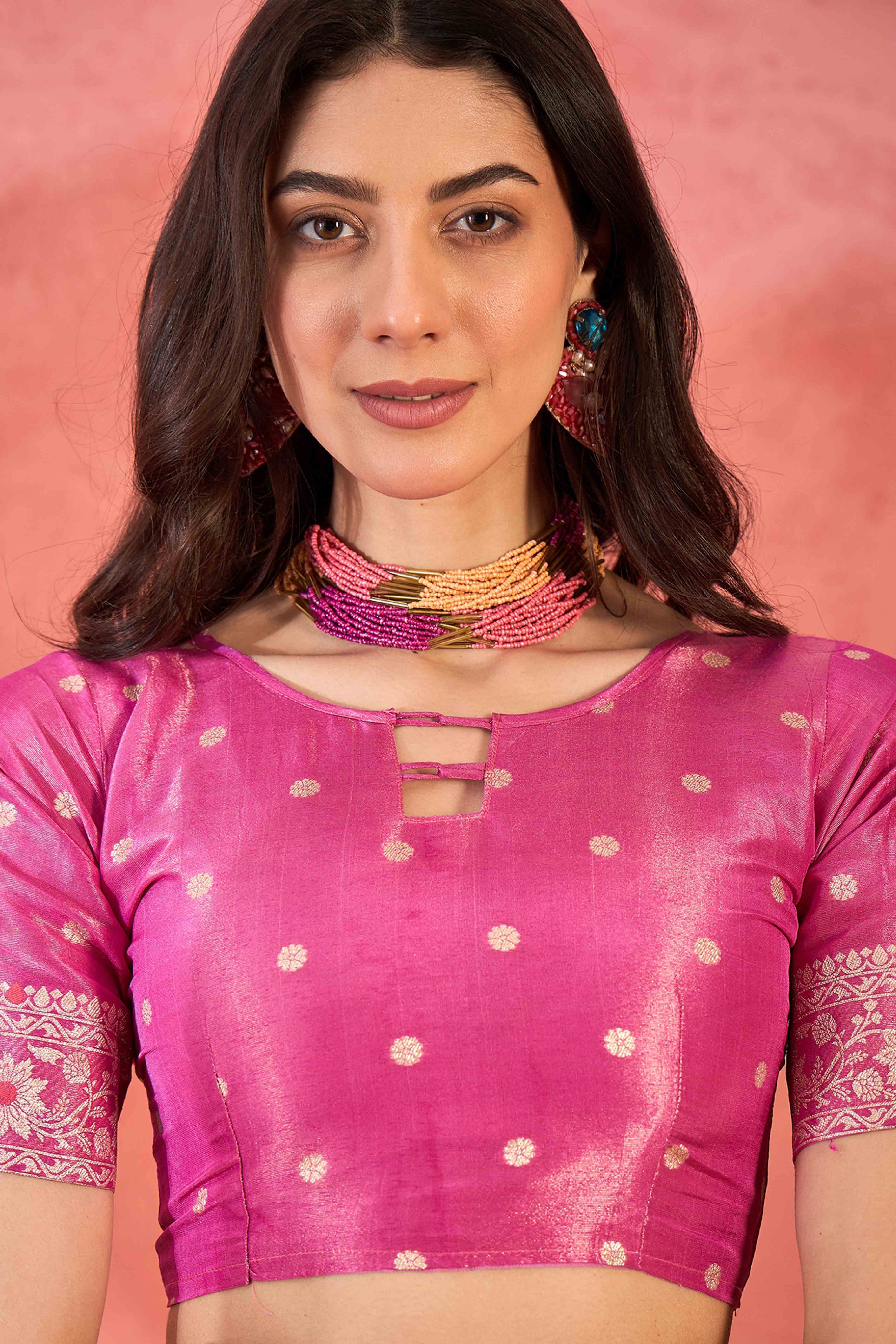 Floral Zari Woven Pink Saree In Shimmer Finish With Elegant Tassel Pallu