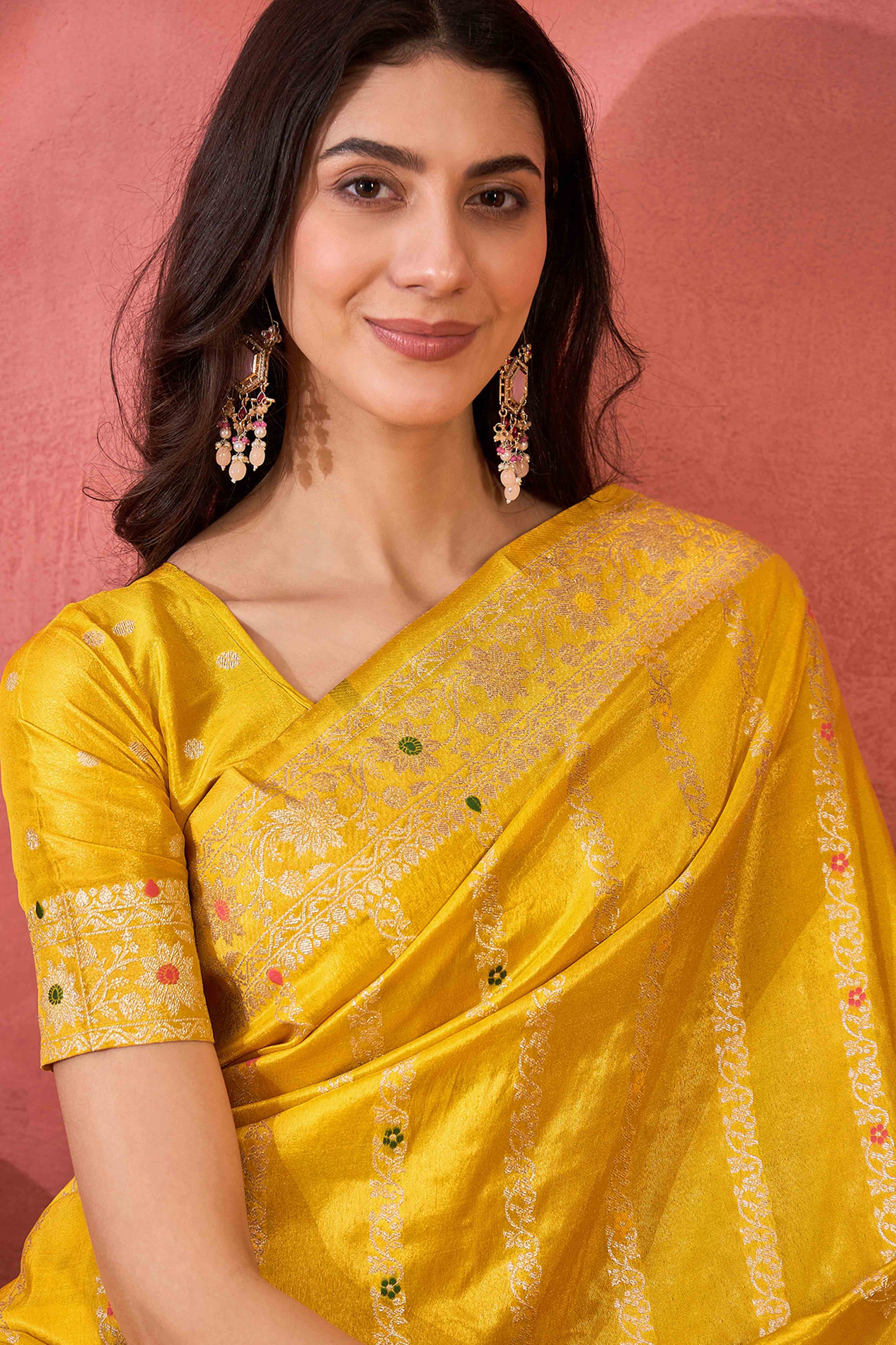 Floral Zari Woven Yellow Saree In Shimmer Finish With Elegant Tassel Pallu