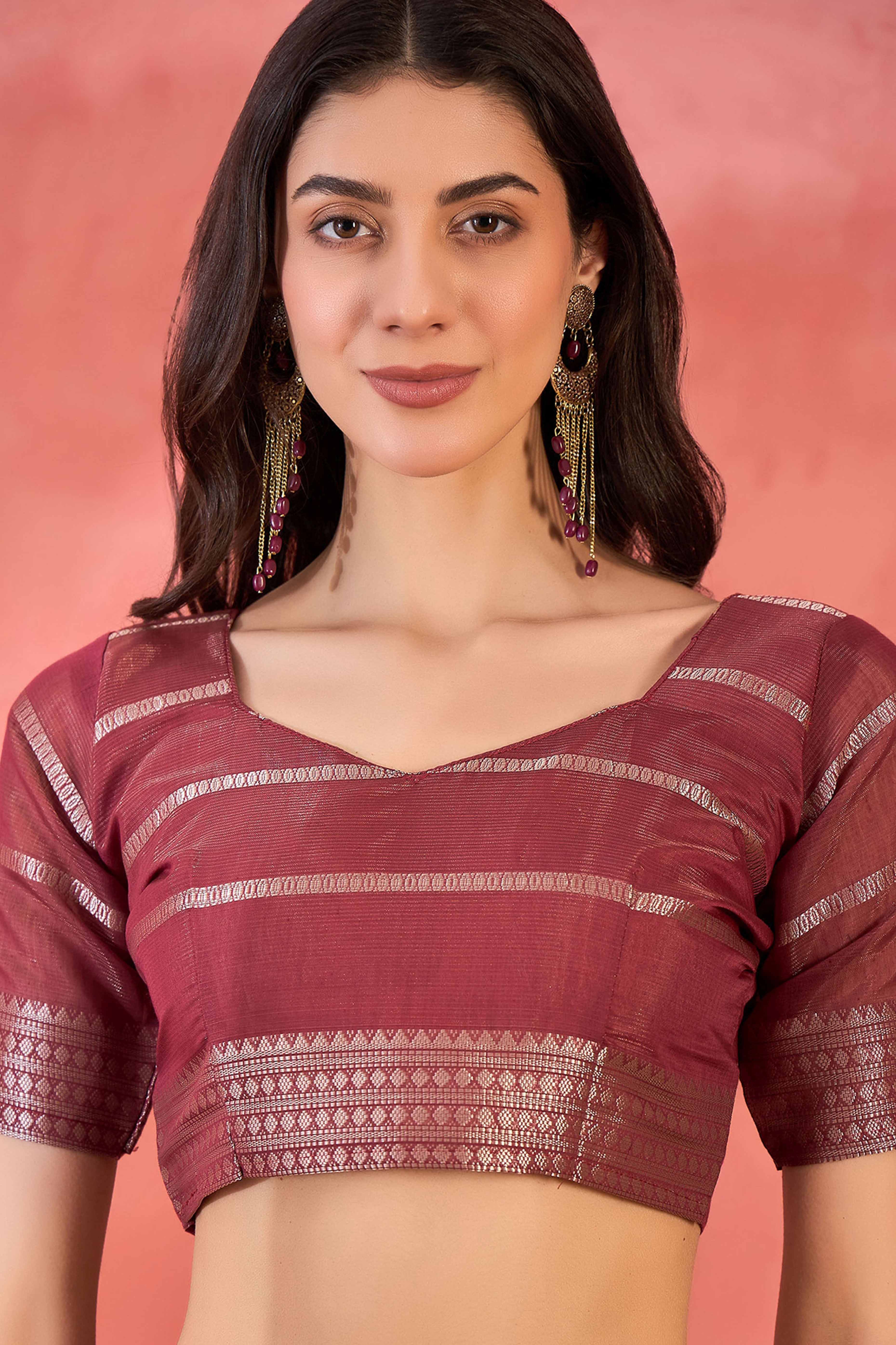 Maroon Zari Striped Khadi Organza Saree With Graceful Tassel Accents