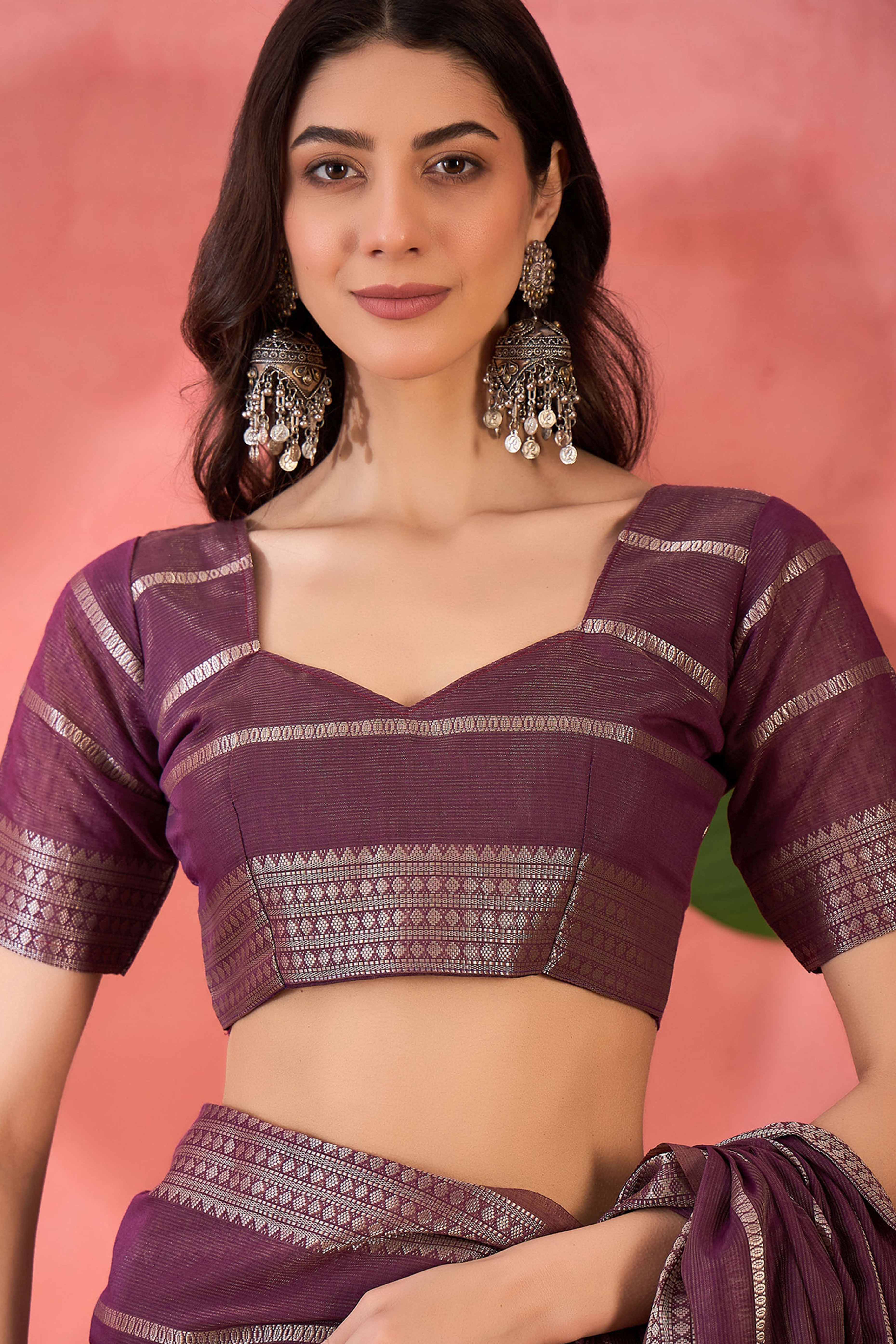 Wine Zari Striped Khadi Organza Saree With Graceful Tassel Accents