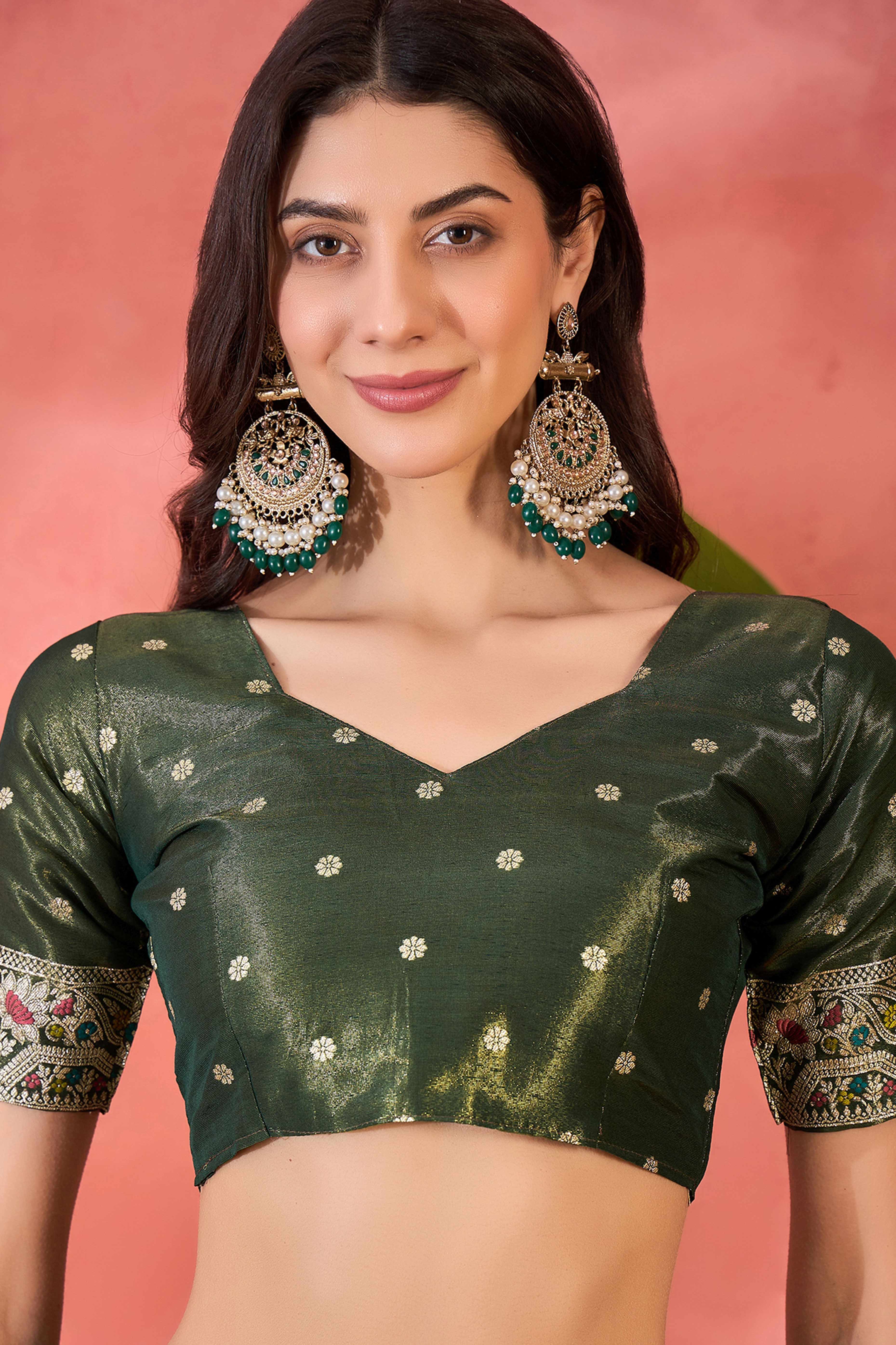 Floral Zari Woven Mehendi Green Saree In Shimmer Finish With Elegant Tassel Pallu
