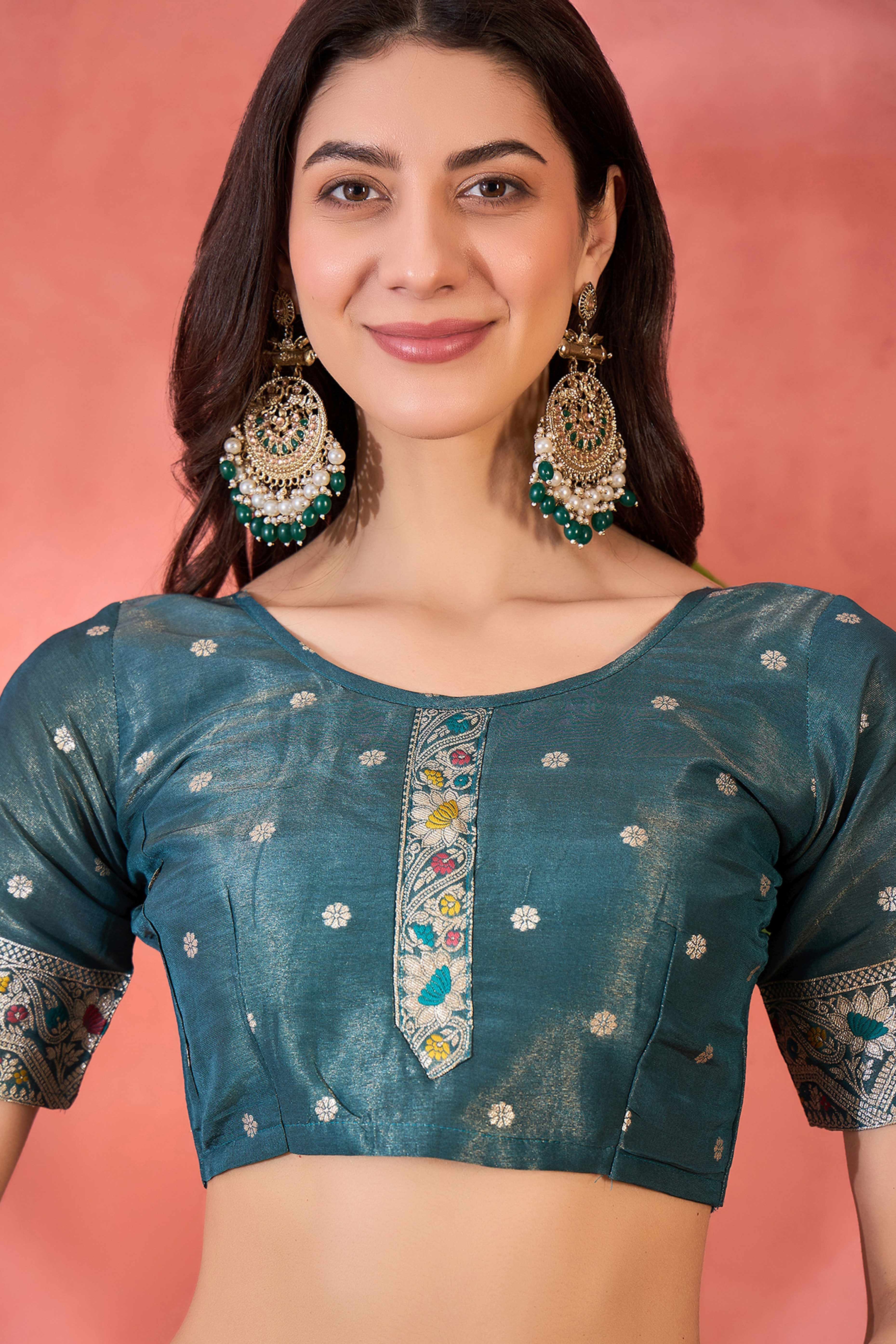 Floral Zari Woven Teal Blue Saree In Shimmer Finish With Elegant Tassel Pallu