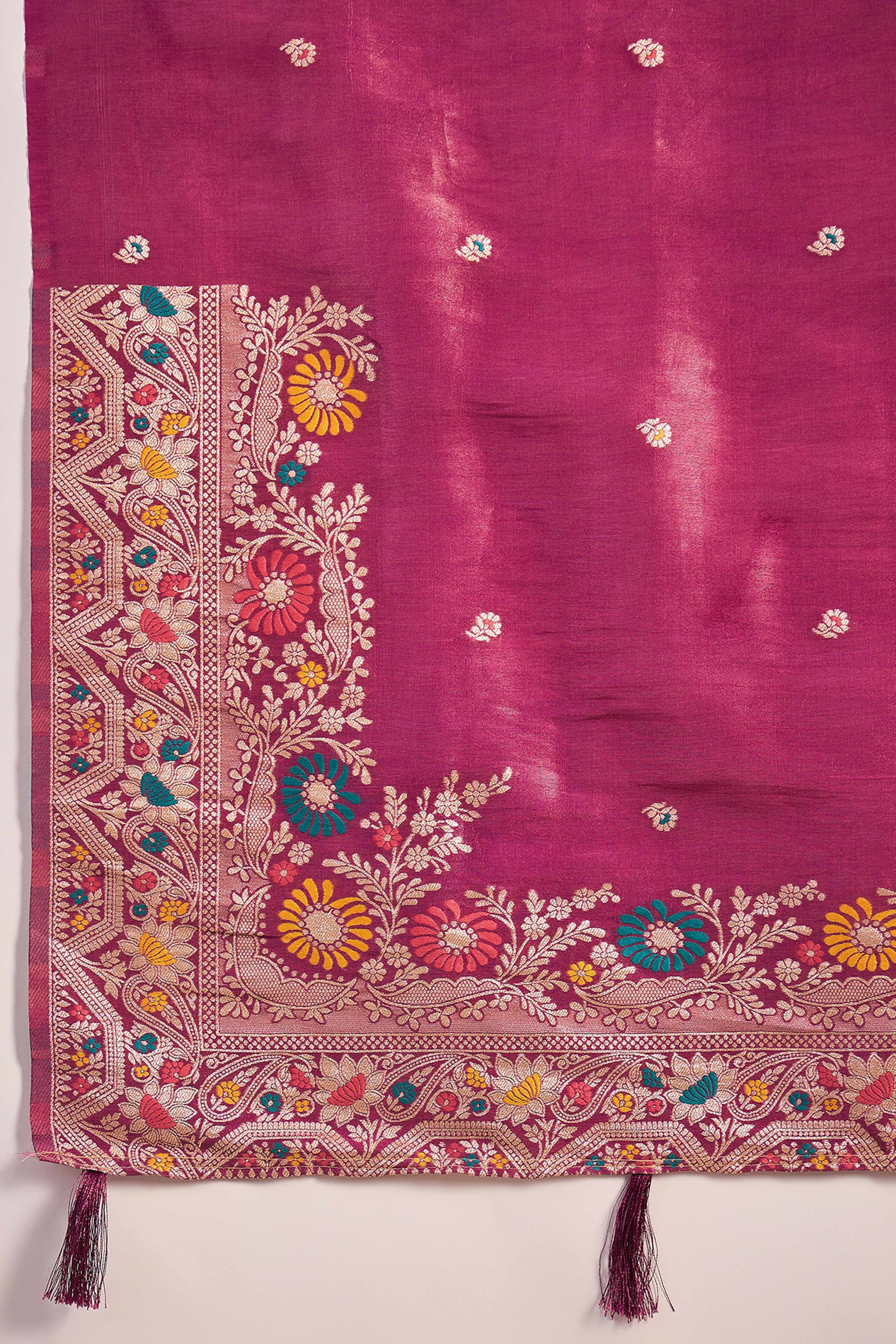 Floral Zari Woven Wine Saree In Shimmer Finish With Elegant Tassel Pallu