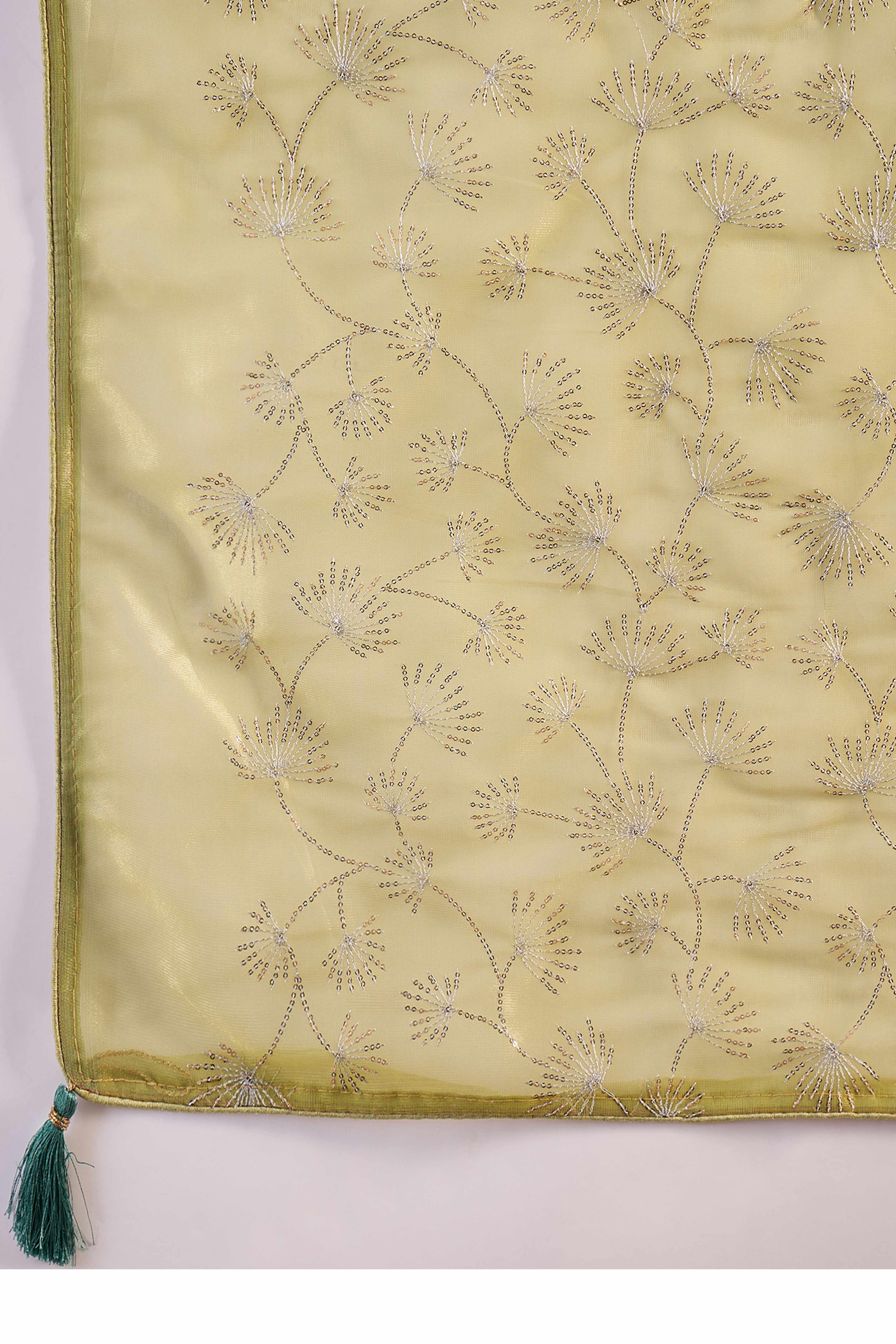 Lime Green Twill Net Saree With Intricate Floral Sequin Work & Flowing Tassel Pallu