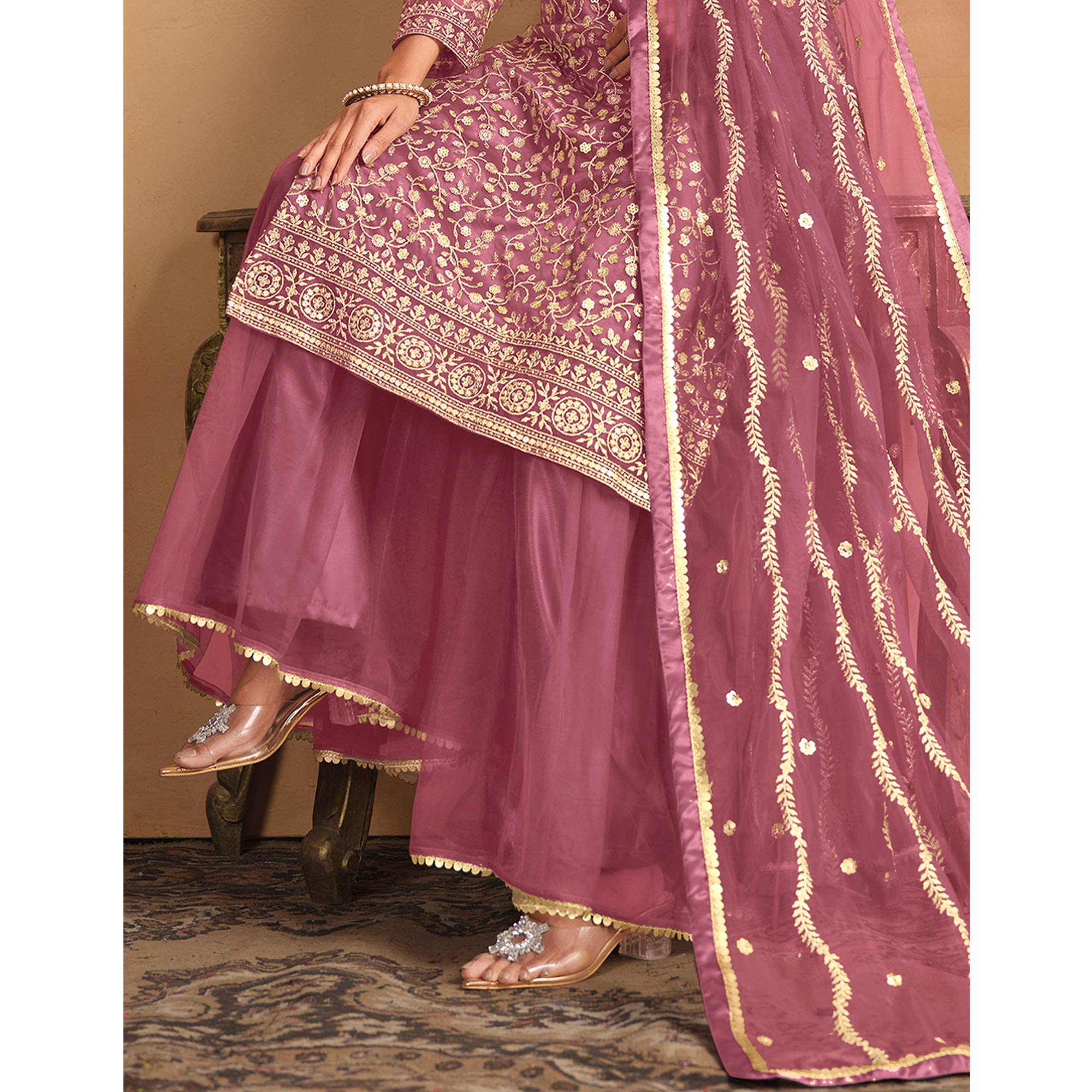 Pink Floral Sequins Embroidered Georgette Semi Stitched Sharara Suit