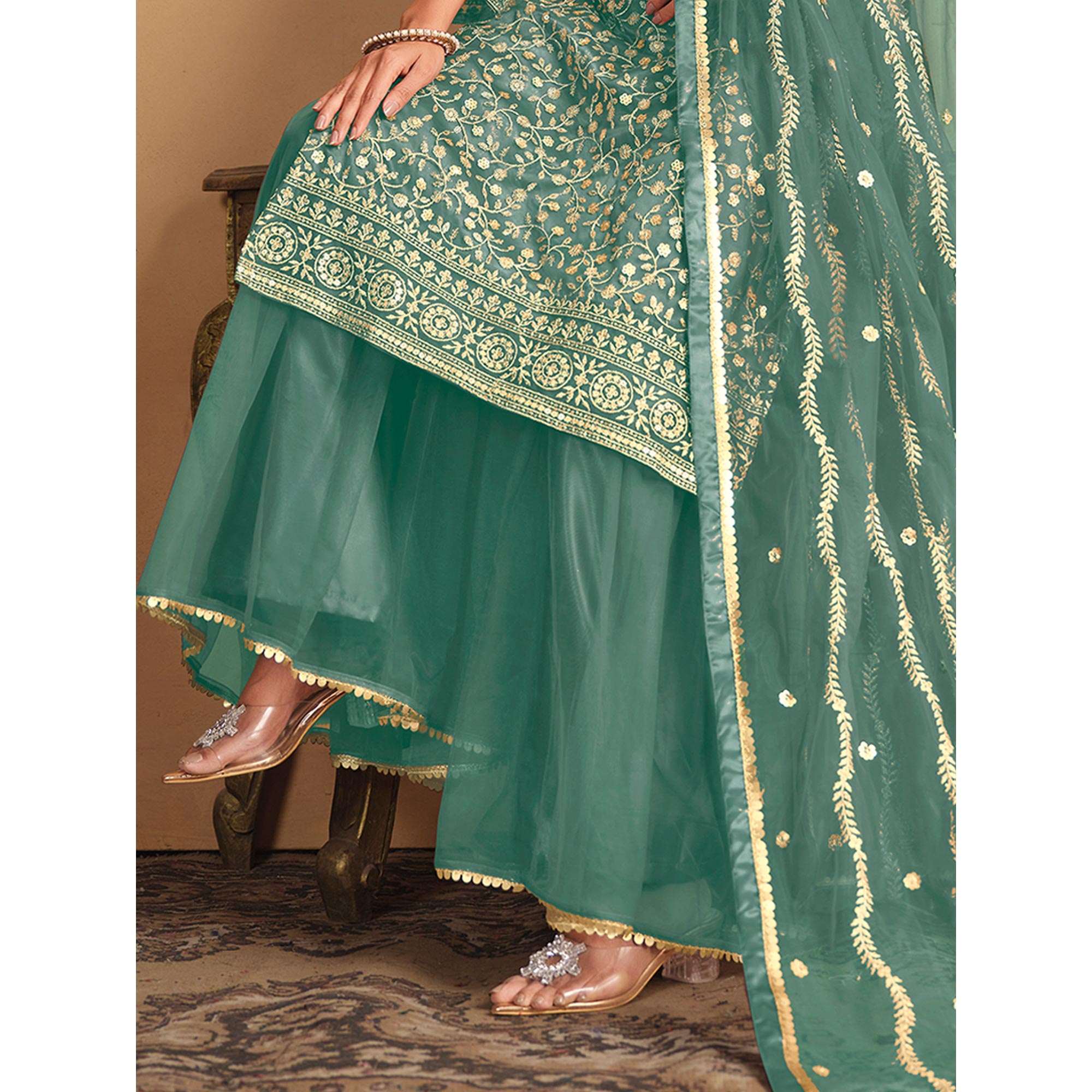 Sea Green Floral Sequins Embroidered Georgette Semi Stitched Sharara Suit