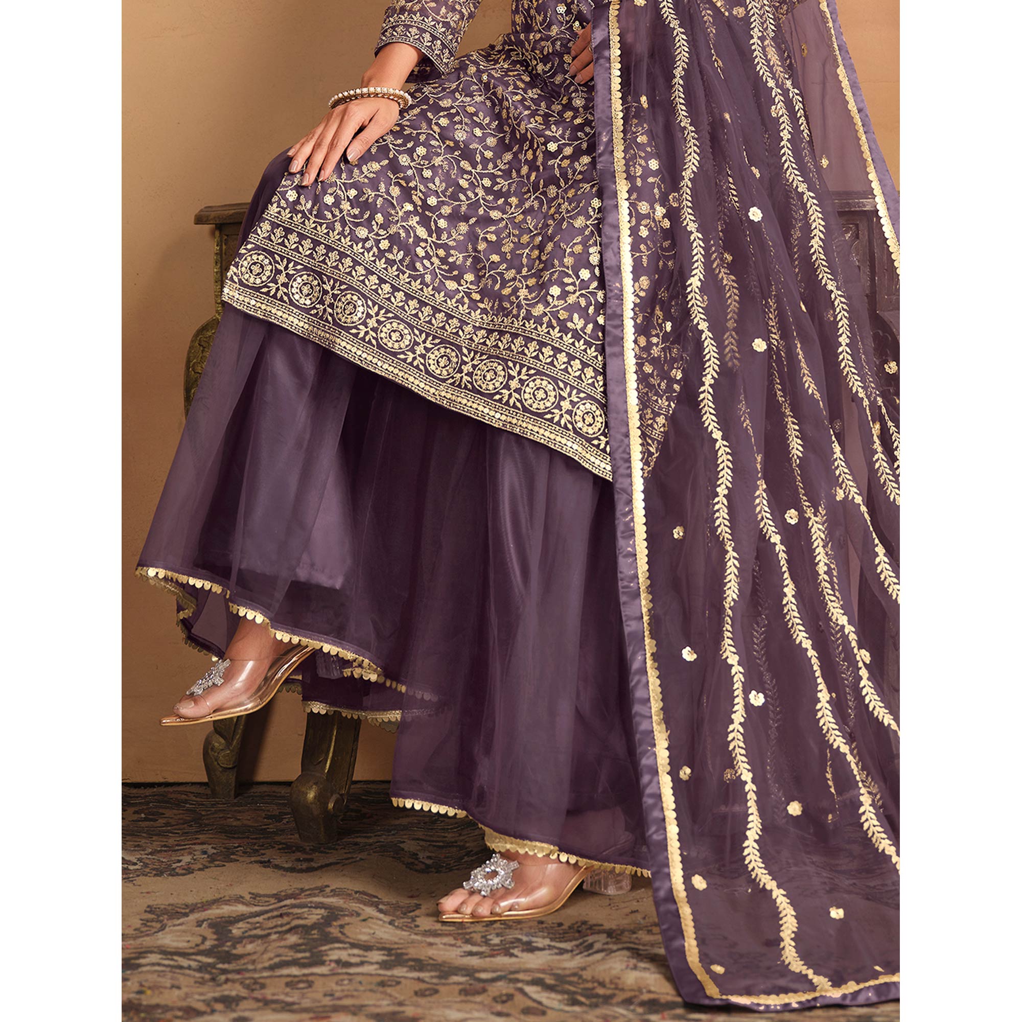 Purple Floral Sequins Embroidered Georgette Semi Stitched Sharara Suit