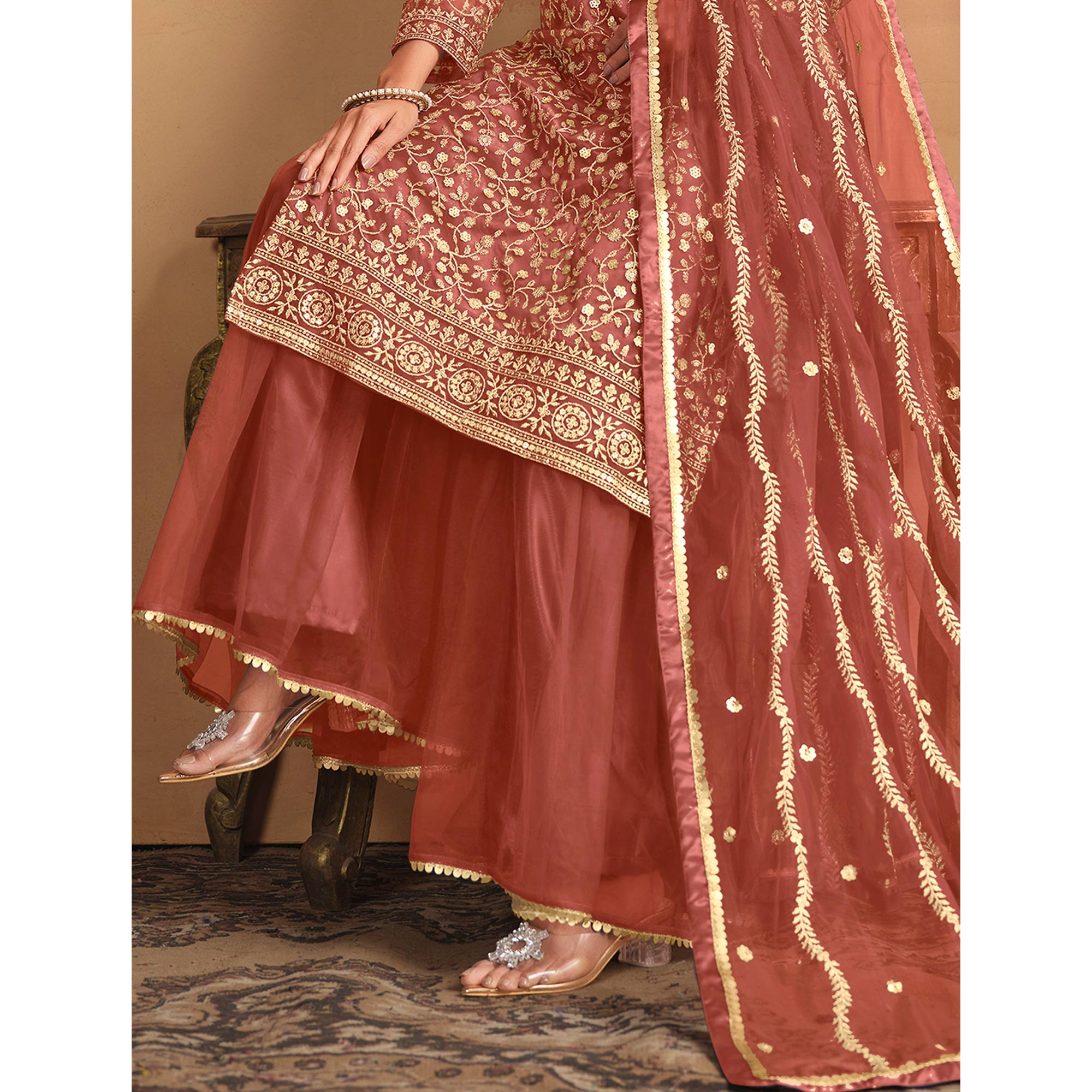 Rust Floral Sequins Embroidered Georgette Semi Stitched Sharara Suit