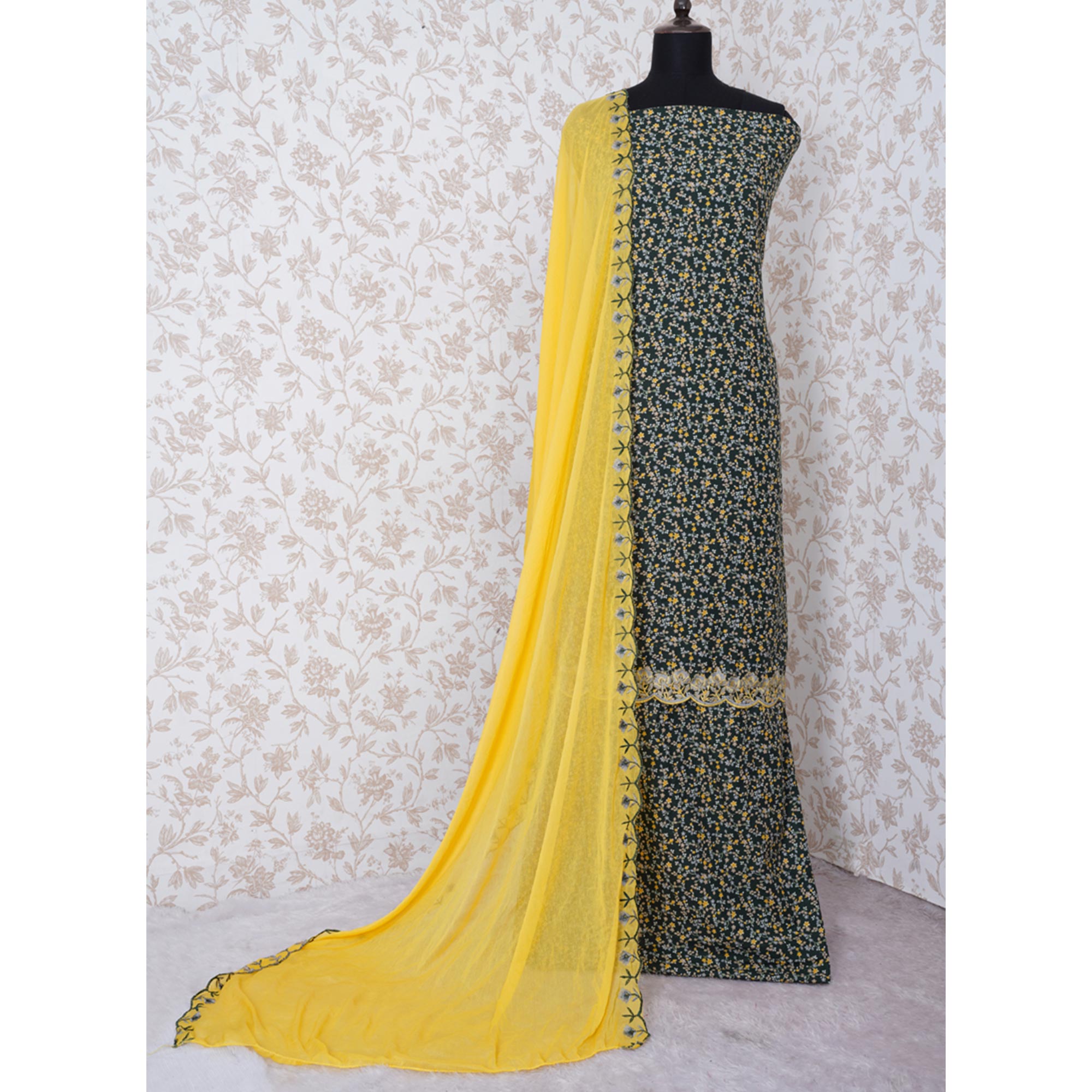 Bottle Green Floral Printed With Embroidery Cotton Silk Dress Material