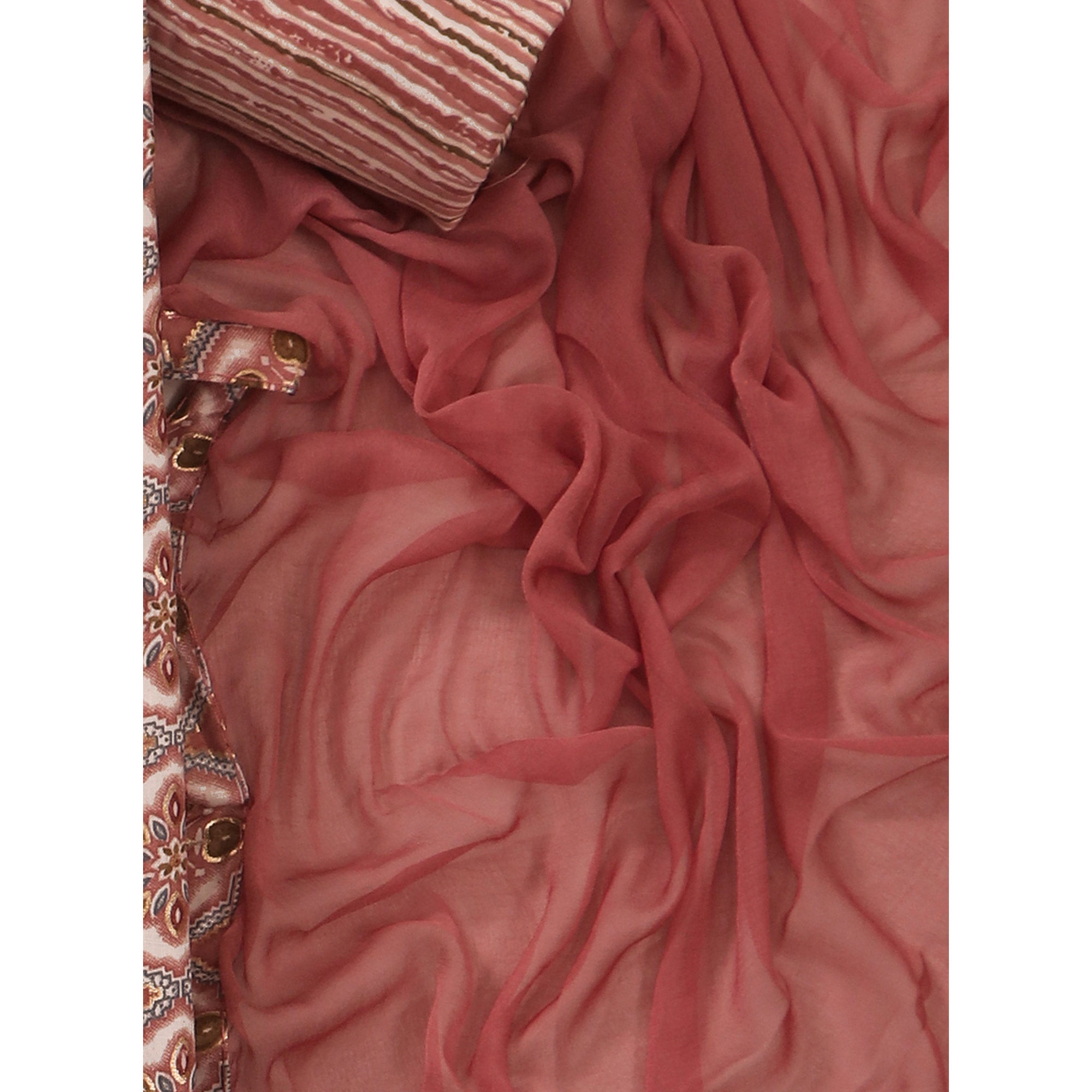 Peach Foil Print With Embroidered Pure Cotton Dress Material