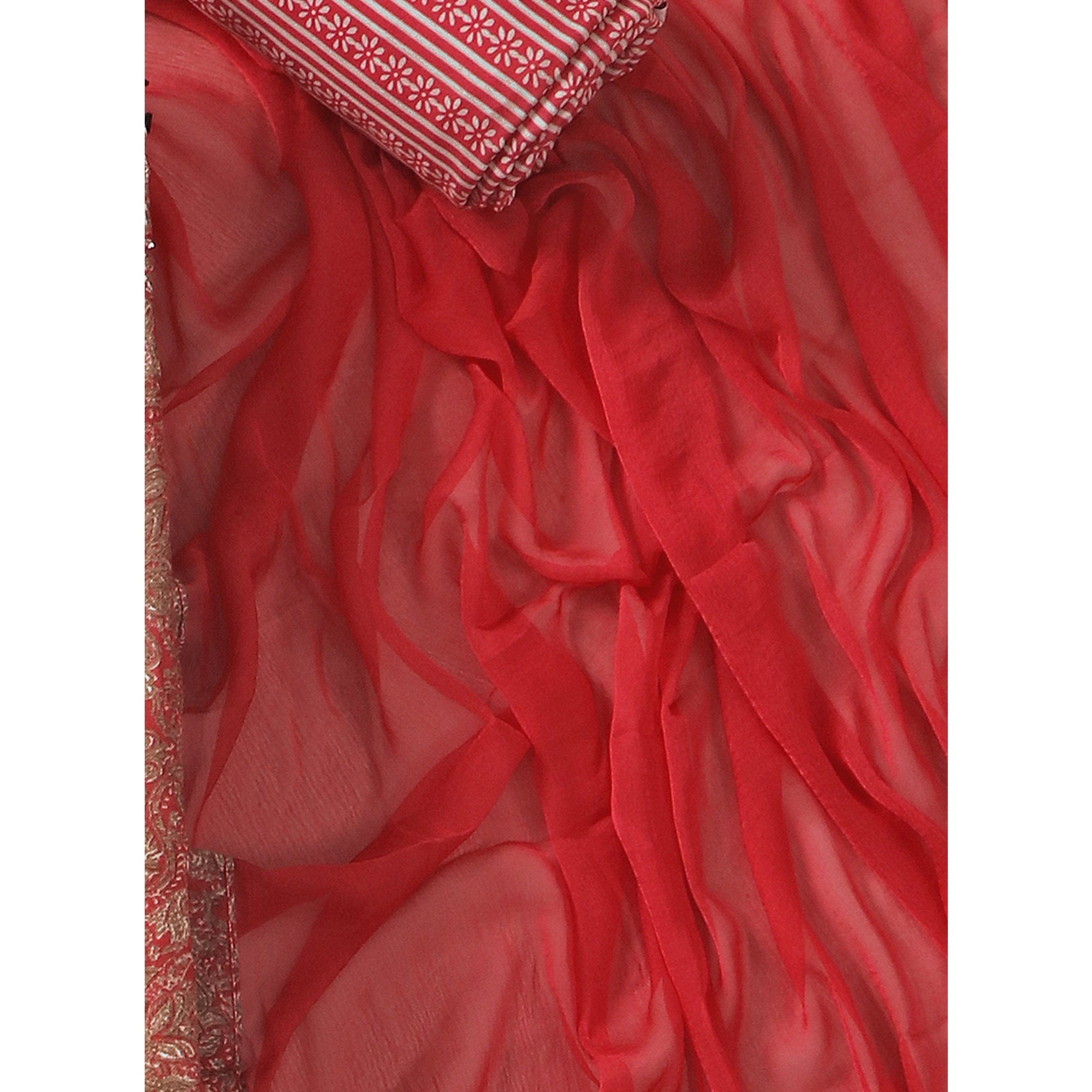 Gajari Pink Floral Printed With Hand Embroidery Pure Cotton Dress Material