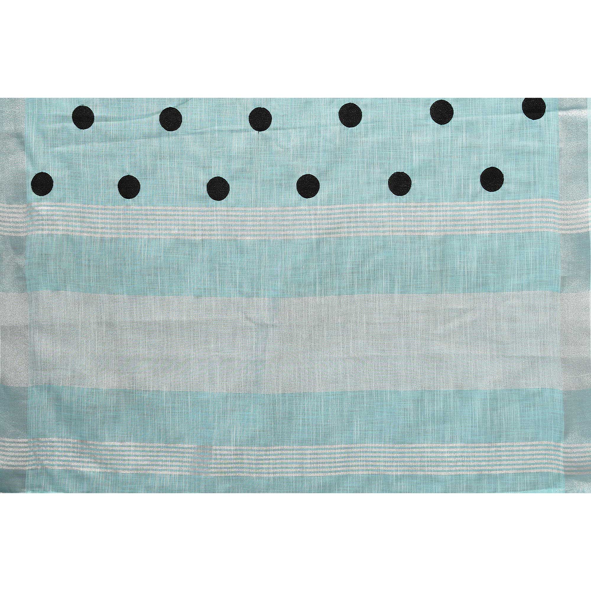Blue Embroidered Linen Cotton Saree With Zari Border