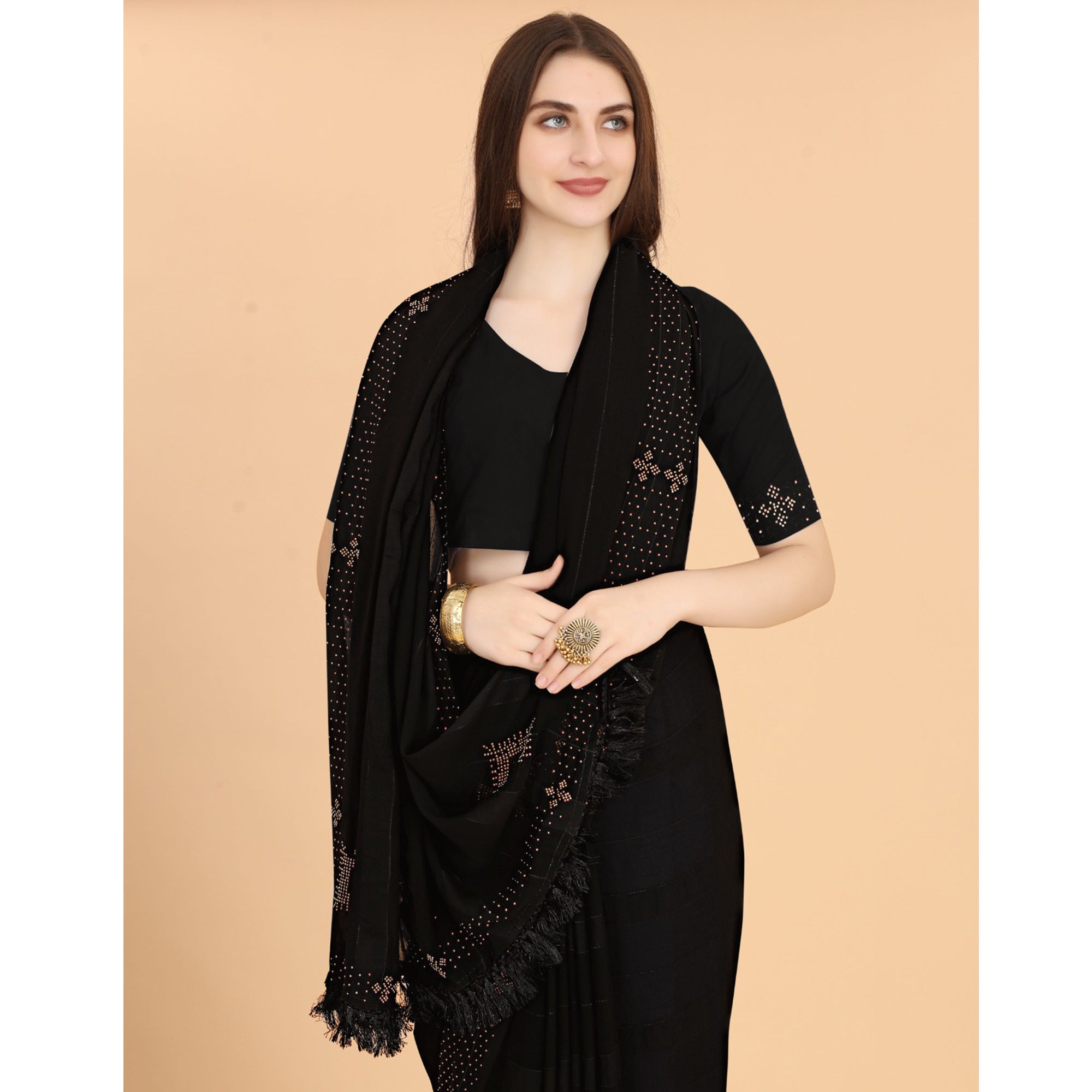Black Woven Chiffon Saree With Swarovski Work